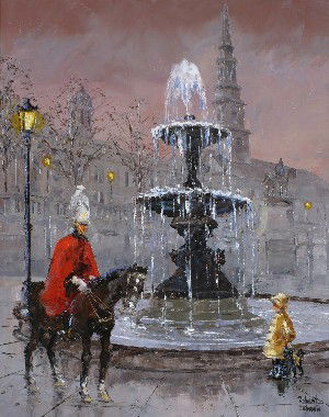 Robert Lebron, (American, 20th Century), London S: Robert Lebron (American, 20th Century) London Scene with Figures oil on canvas signed "Robert Lebron" (lower right) 20 x 16 inches.