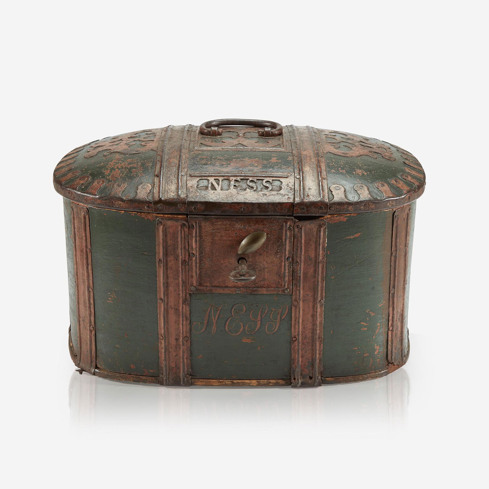 A Continental polychrome painted and iron-mounted box, (1 of 2)
