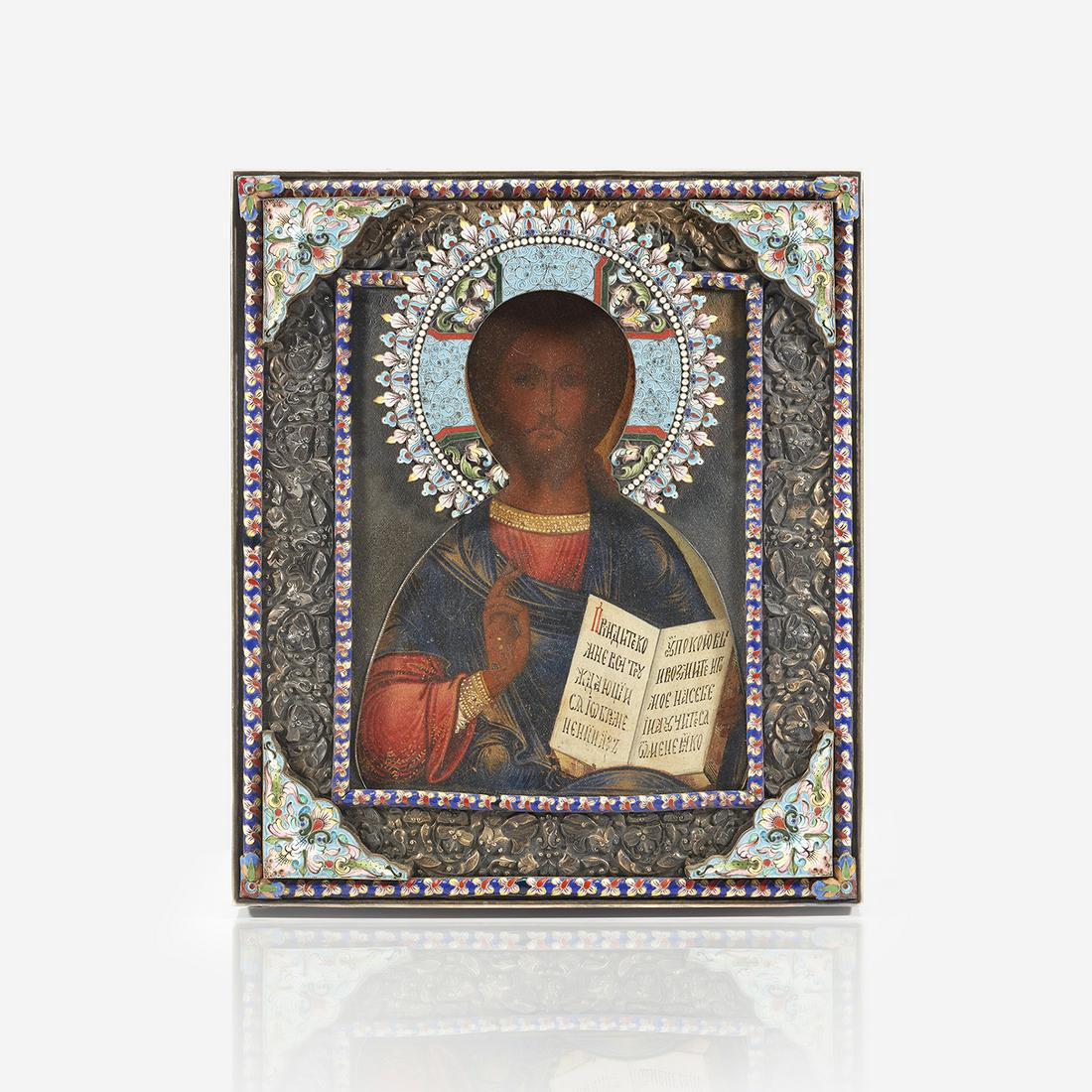 A Russian silver and cloisonné enamel icon of Christ (1 of 3)