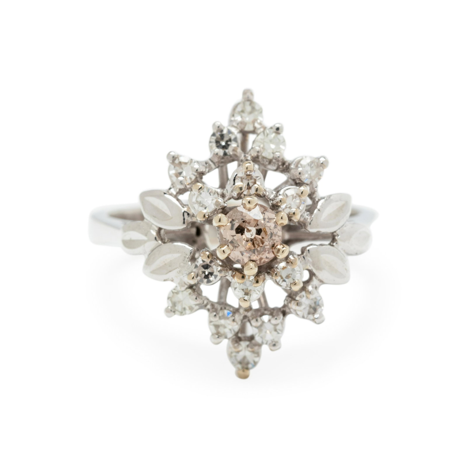COLORED DIAMOND AND DIAMOND RING: COLORED DIAMOND AND DIAMOND RING Containing one brown (origin of color not tested) old European cut diamond weighing approximately 0.25 carat and 16 single cut diamonds. Mounted in white gold. Stamp: 