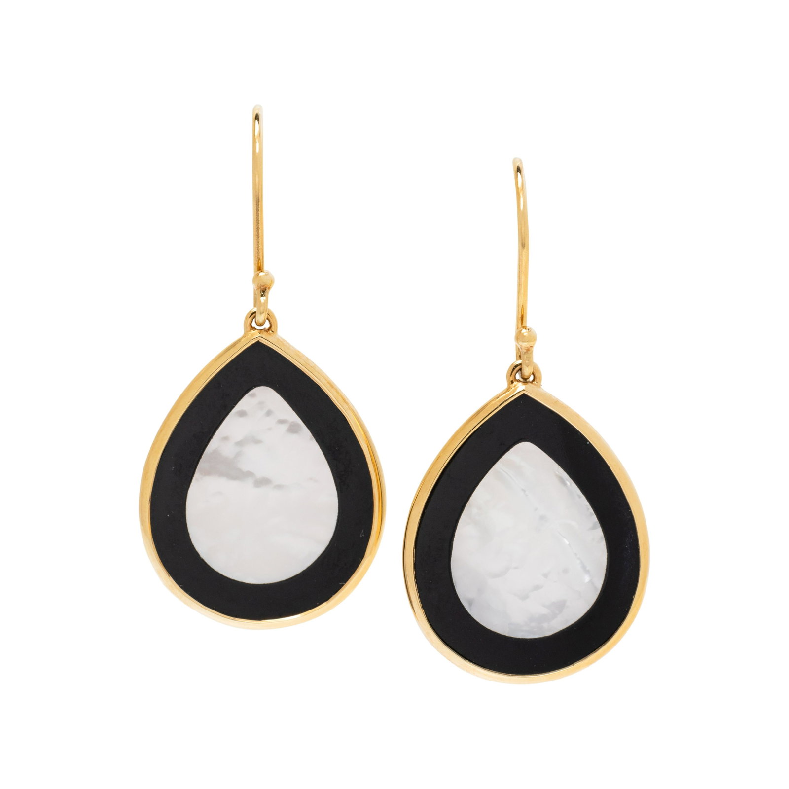 IPPOLITA, MOTHER-OF-PEARL AND ONYX 'POLISHED ROCK: IPPOLITA, MOTHER-OF-PEARL AND ONYX 'POLISHED ROCK CANDY' EARRINGS Consisting of teardrop shaped mother-of pearl and onyx inlaid plaques measuring approximately 19.00 x 15.10 mm. Mounted in yellow gold