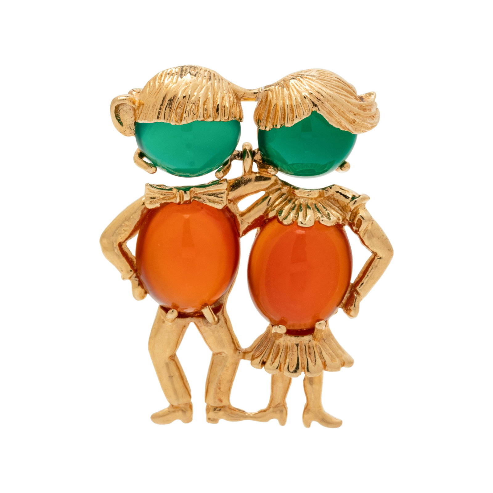 YELLOW GOLD AND GEMSTONE FIGURE BROOCH: YELLOW GOLD AND GEMSTONE FIGURE BROOCH Designed as a couple with articulated bodies containing two round cabochon chalcedony and two oval cabochon carnelian. Stamp: 14K. 6.50 dwt. Property from the Es