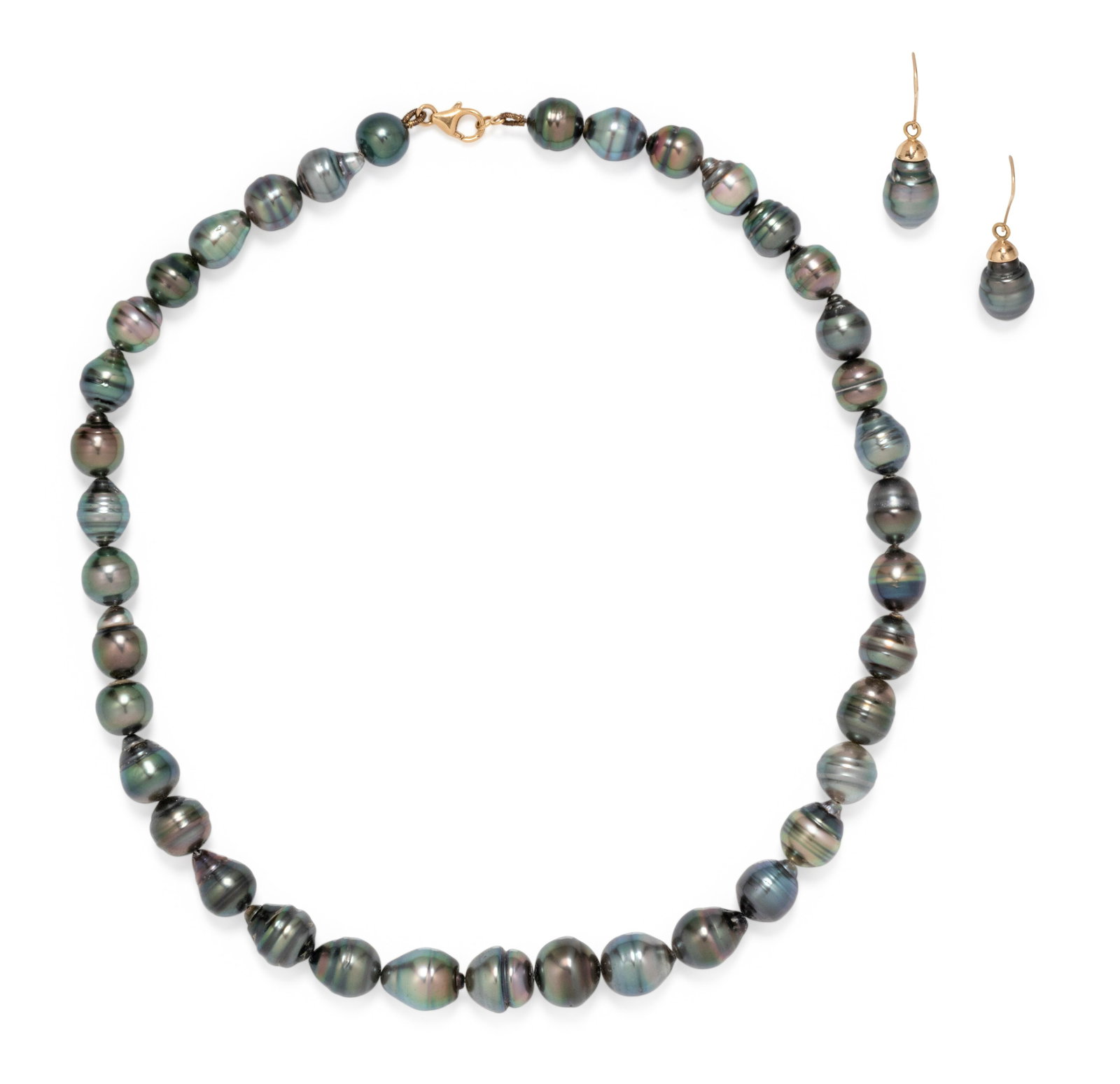 CULTURED BAROQUE TAHITIAN PEARL SET: CULTURED BAROQUE TAHITIAN PEARL SET Consisting of a necklace containing Baroque Tahitian pearls measuring approximately 9.25-12.45 mm in diameter, strung with yellow gold clasp, together with a pair o