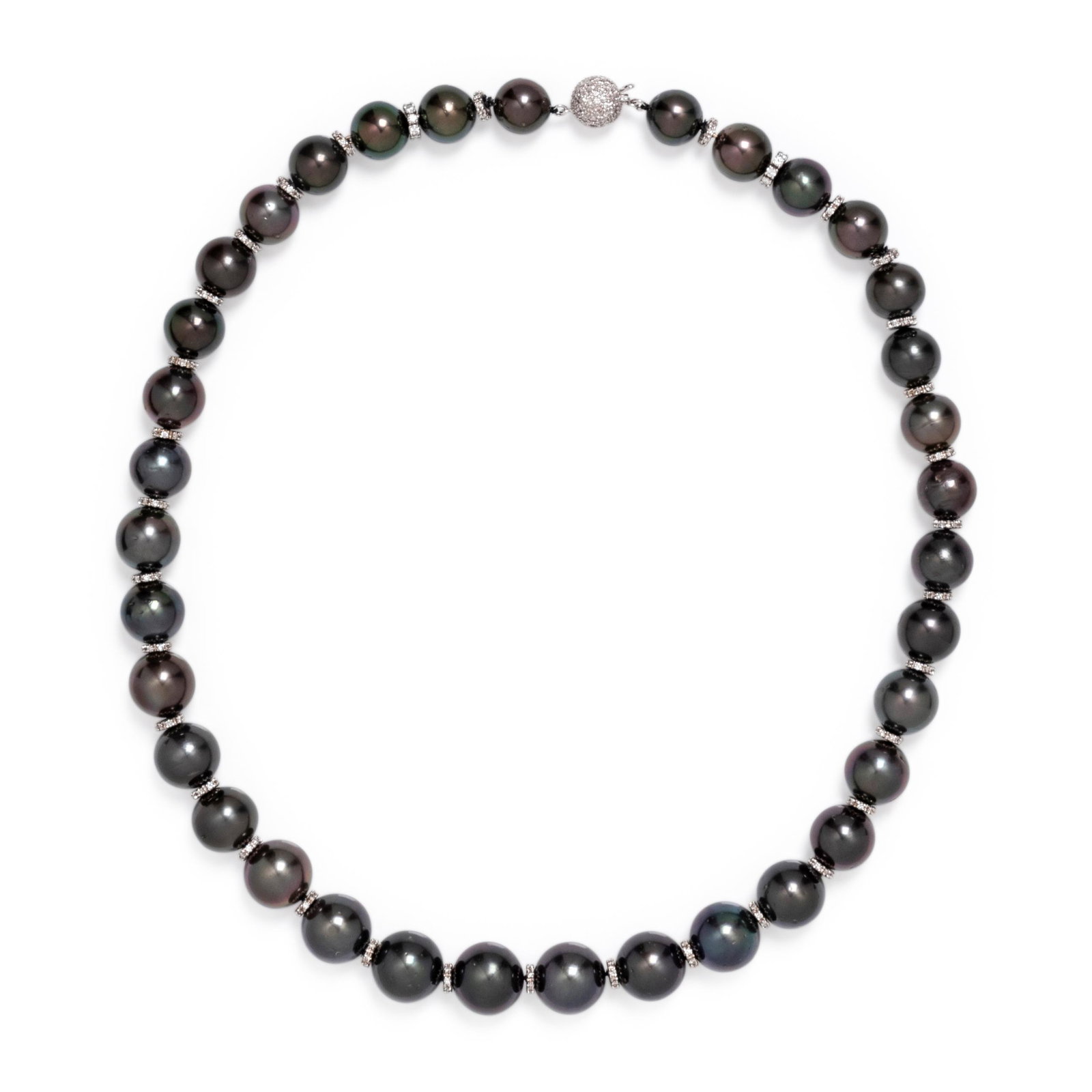 CULTURED TAHITIAN PEARL AND DIAMOND NECKLACE: CULTURED TAHITIAN PEARL AND DIAMOND NECKLACE Consisting of Tahitian pearls measuring approximately 11.30-14.60 mm in diameter, strung knotted with white gold spacers and clasp containing 332 round bri