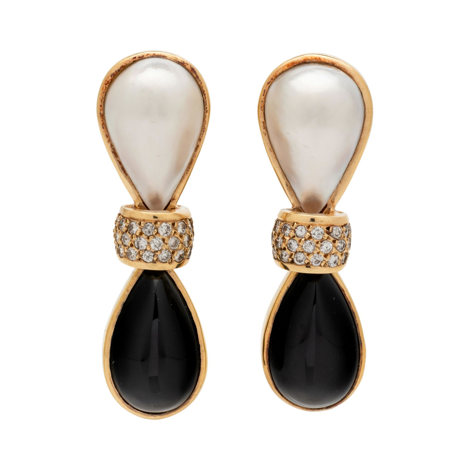CHARLES KRYPELL, CULTURED MABE PEARL, DIAMOND AND ONYX: CHARLES KRYPELL, CULTURED MABE PEARL, DIAMOND AND ONYX CONVERTIBLE EARCLIPS Containing two pear shaped mabe pearls measuring approximately 18.70 x 12.25 mm, 46 round brilliant cut diamonds weighing ap