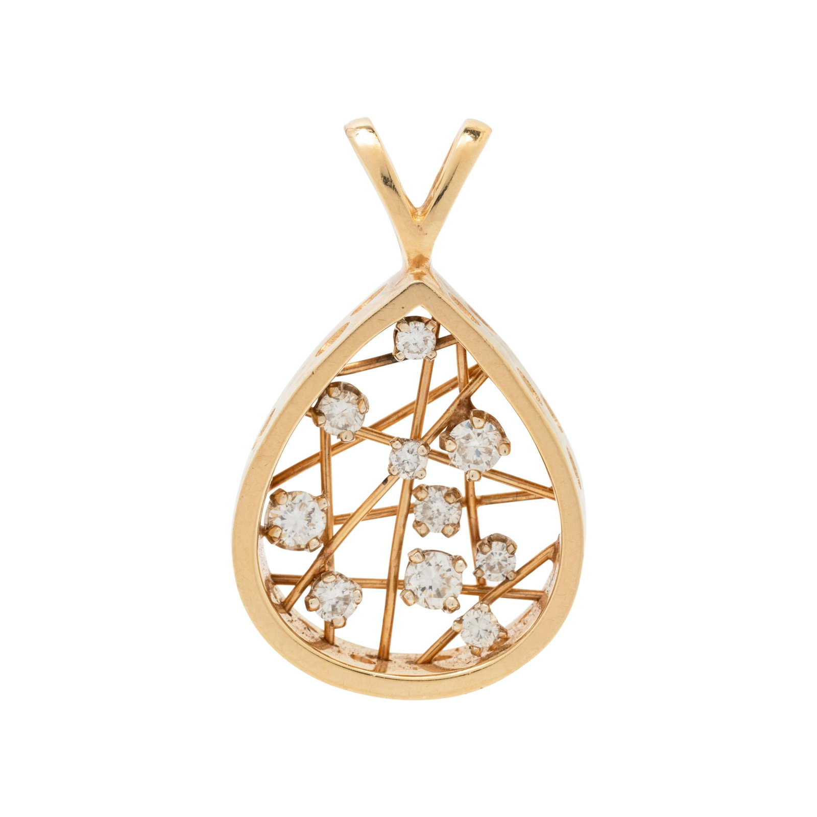 YELLOW GOLD AND DIAMOND PENDANT: YELLOW GOLD AND DIAMOND PENDANT Containing 10 round brilliant cut diamonds weighing approximately 0.60 carat total. Stamp: FANOUS 14ct. 6.55 dwt. From The Estate of Cathy D. Perry, Ocala, Florida