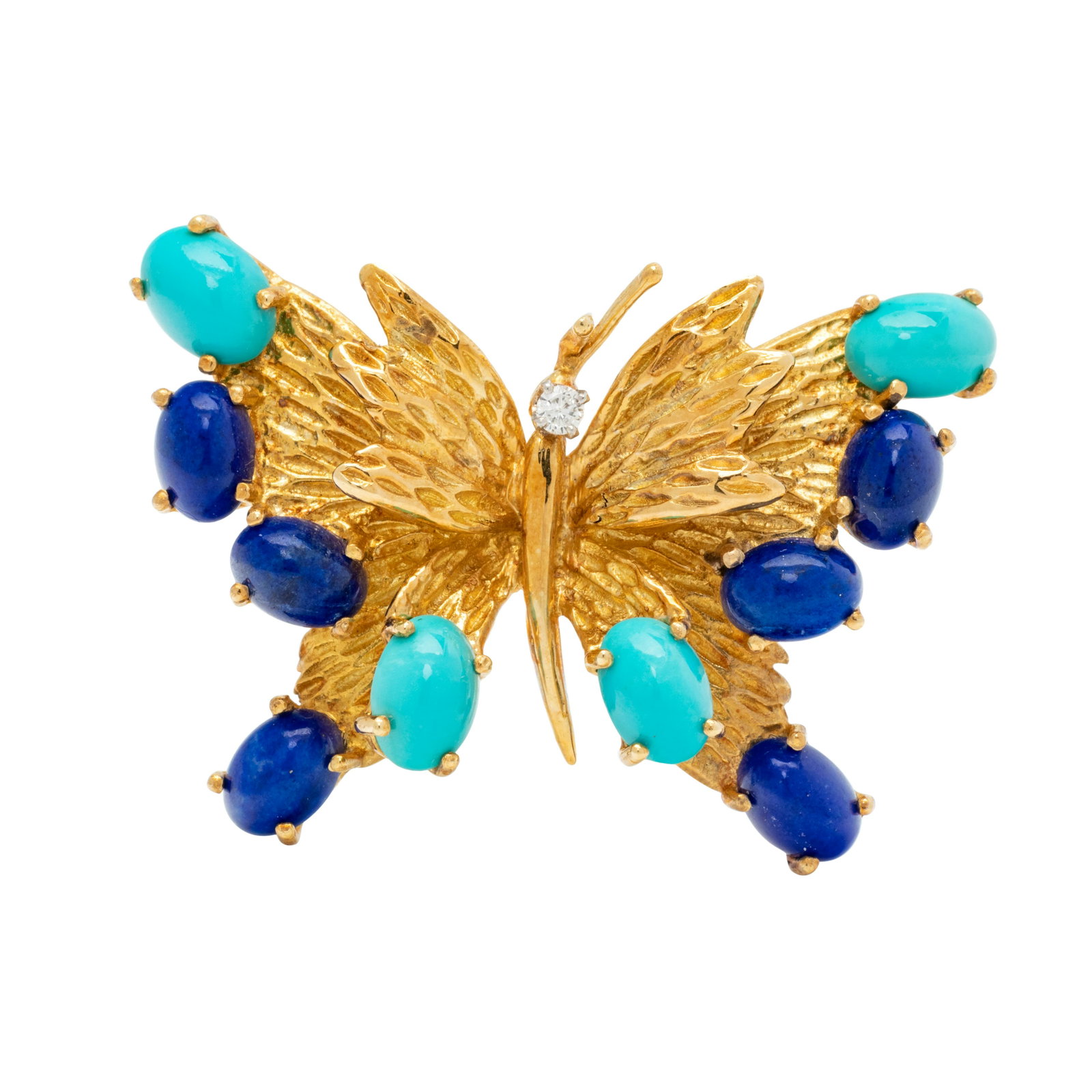 HARDSTONE AND DIAMOND BUTTERFLY PENDANT/BROOCH: HARDSTONE AND DIAMOND BUTTERFLY PENDANT/BROOCH Consisting of a textured yellow gold butterfly containing six oval cabochon lapis lazuli, four oval cabochon turquoise and one round brilliant cut diamon
