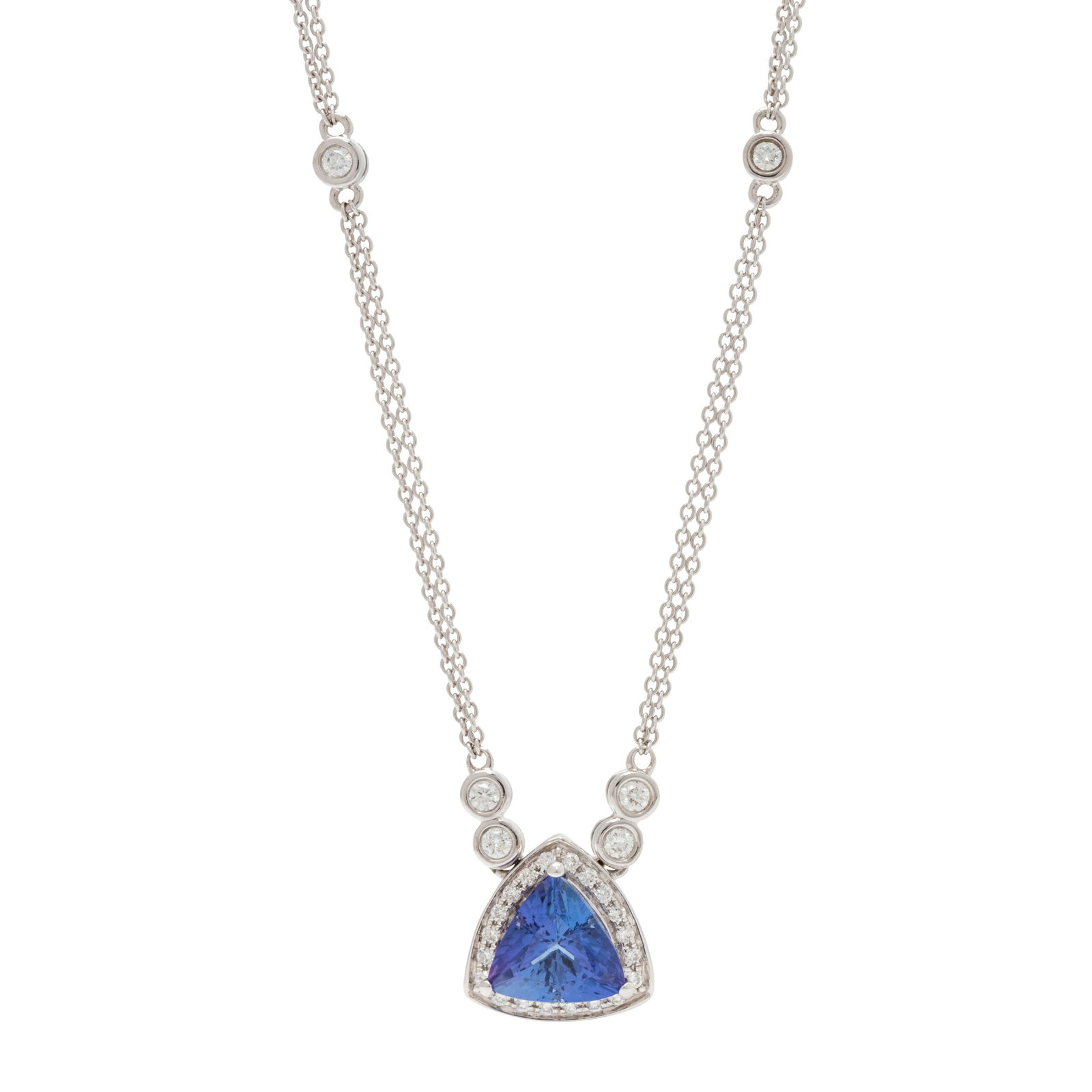 TANZANITE AND DIAMOND NECKLACE: TANZANITE AND DIAMOND NECKLACE Containing one triangular mixed cut tanzanite measuring approximately 8.30 x 8.30 x 5.70 mm and 27 round brilliant cut diamonds weighing approximately 0.20 carat total. 