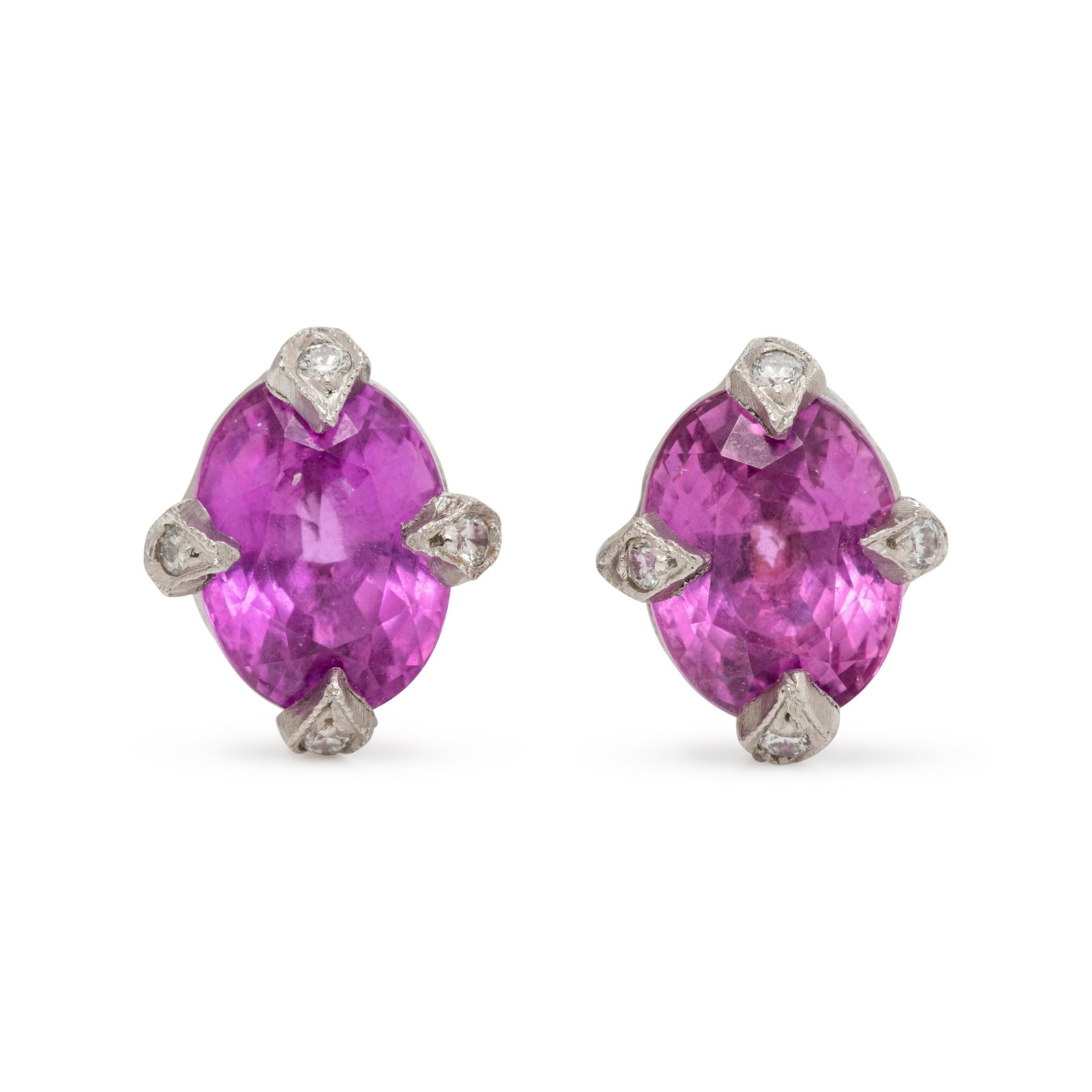 CATHY WATERMAN, PINK SAPPHIRE AND DIAMOND EARRINGS: CATHY WATERMAN, PINK SAPPHIRE AND DIAMOND EARRINGS Containing two oval mixed cut pink sapphires measuring approximately 6.35 x 5.10 mm and eight round brilliant cut diamonds. Mounted in platinum. Stam