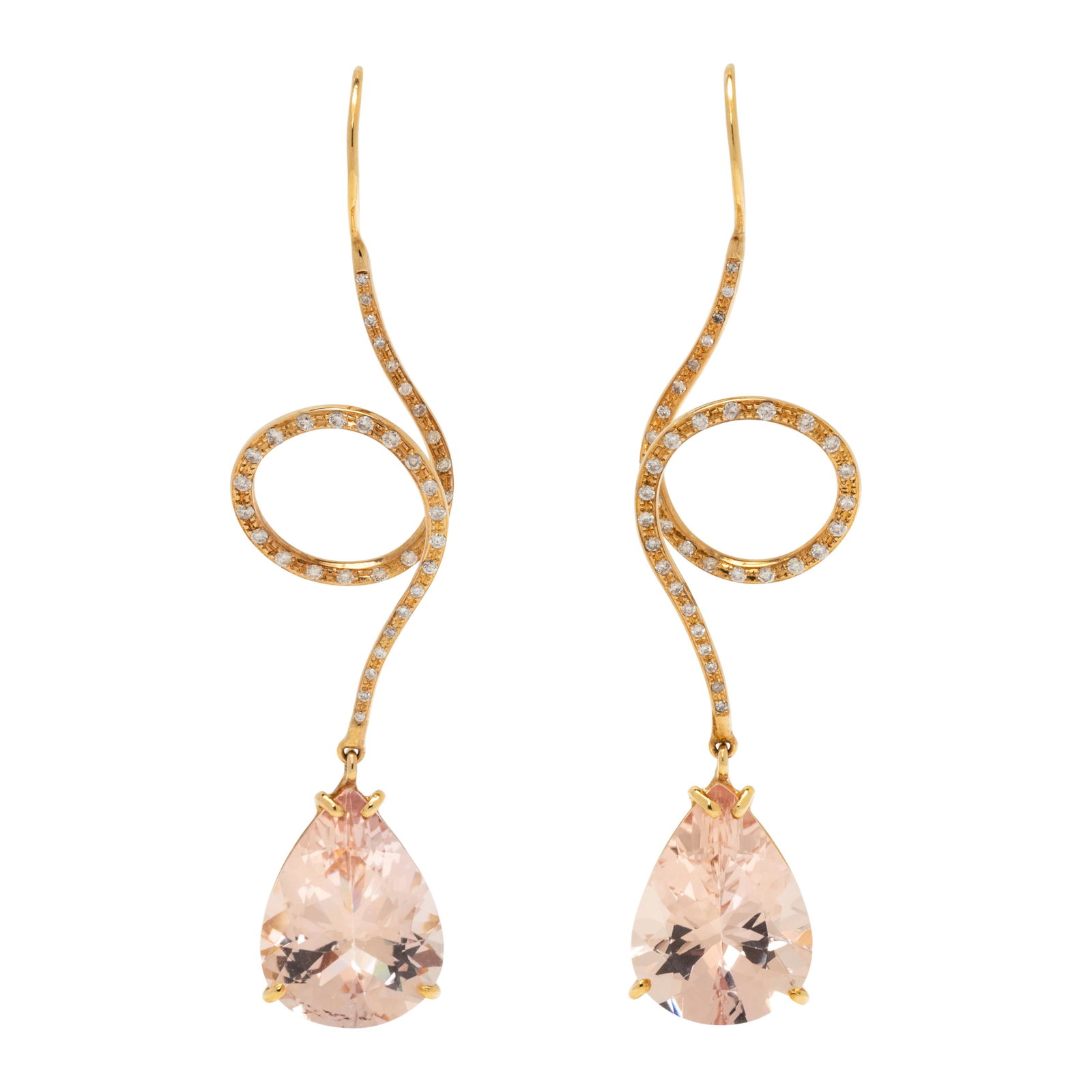 MORGANITE AND DIAMOND EARRINGS: MORGANITE AND DIAMOND EARRINGS Containing two pear mixed cut morganites measuring approximately 20.30 x 15.25 x 9.15 mm and 75 single and round brilliant cut diamonds weighing approximately 0.40 carat