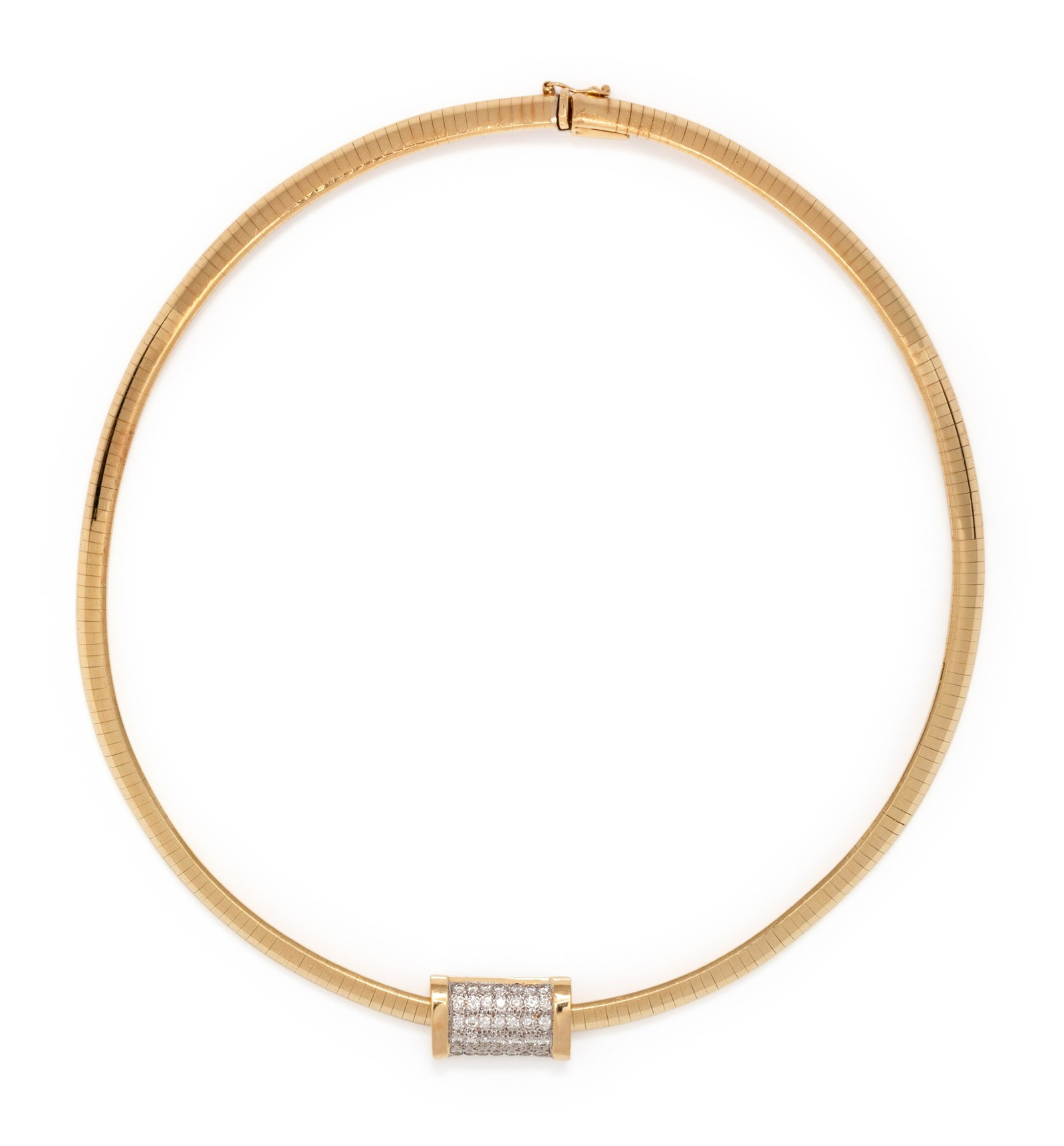 YELLOW GOLD AND DIAMOND NECKLACE: YELLOW GOLD AND DIAMOND NECKLACE Consisting of an omega chain measuring approximately 5.00 mm wide with slide pendant containing 35 round brilliant cut diamonds weighing approximately 0.60 carat total