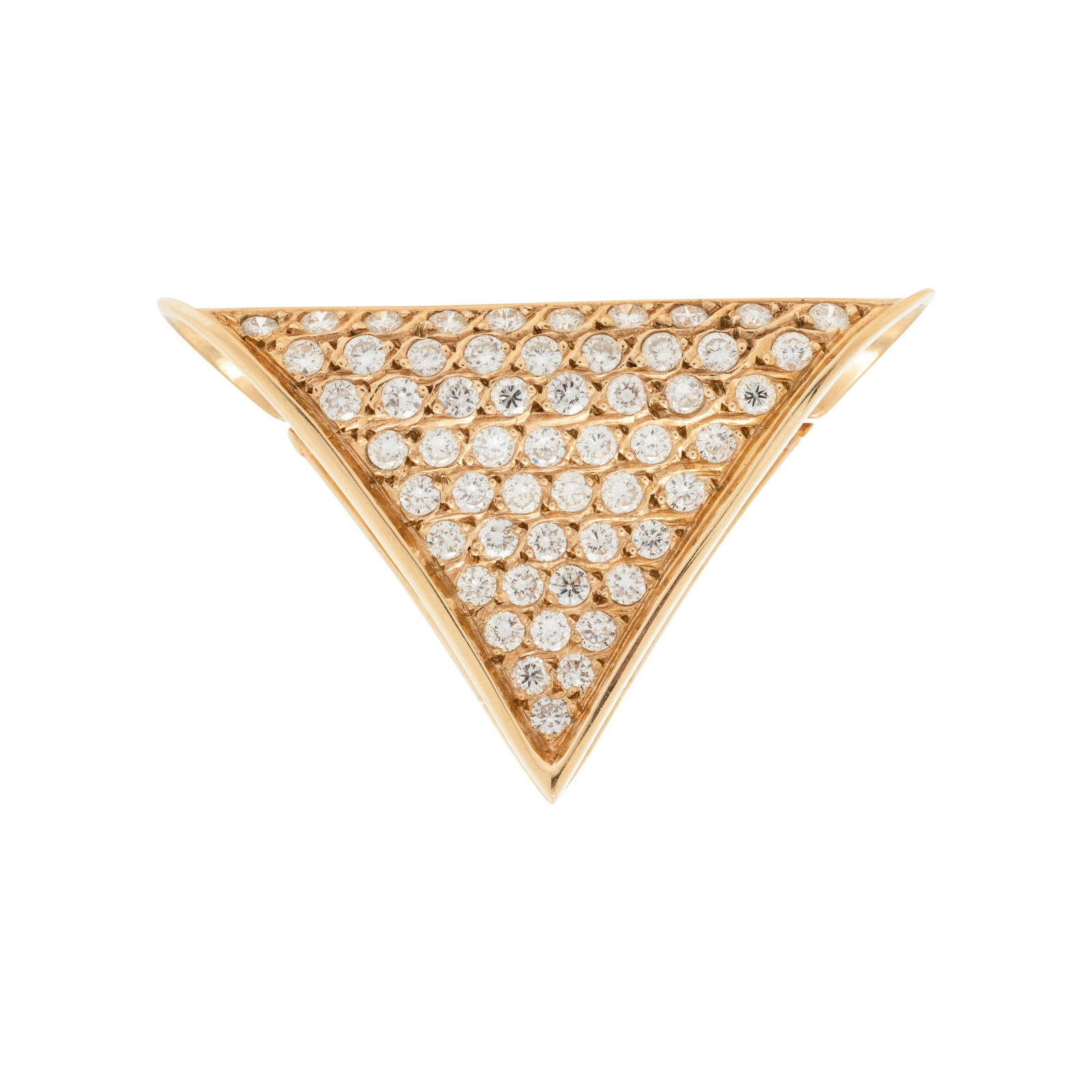 DIAMOND SLIDE PENDANT: DIAMOND SLIDE PENDANT Containing 55 round brilliant cut diamonds weighing approximately 1.65 carats total. Mounted in yellow gold. Stamp: (obscured) 14K. 5.70 dwt. From The Estate of Cathy D. Perry, O