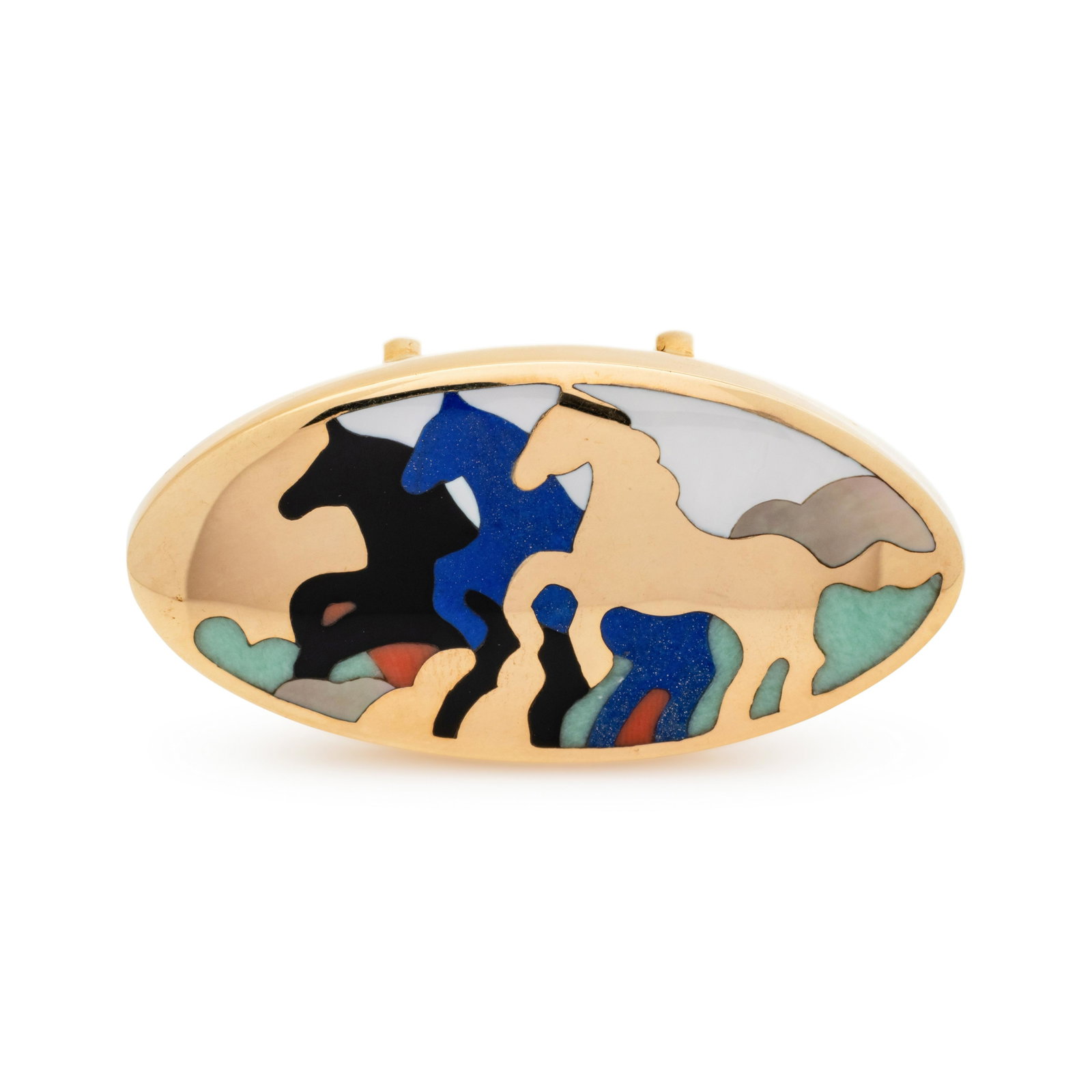 ASCH GROSSBARDT, YELLOW GOLD AND HARDSTONE INLAY : ASCH GROSSBARDT, YELLOW GOLD AND HARDSTONE INLAY BROOCH Depicting three horses with hardstone inlay. Stamp: 14K (maker's mark for Asch Grossbardt). 12.80 dwt. From The Estate of Cathy D. Perry, 