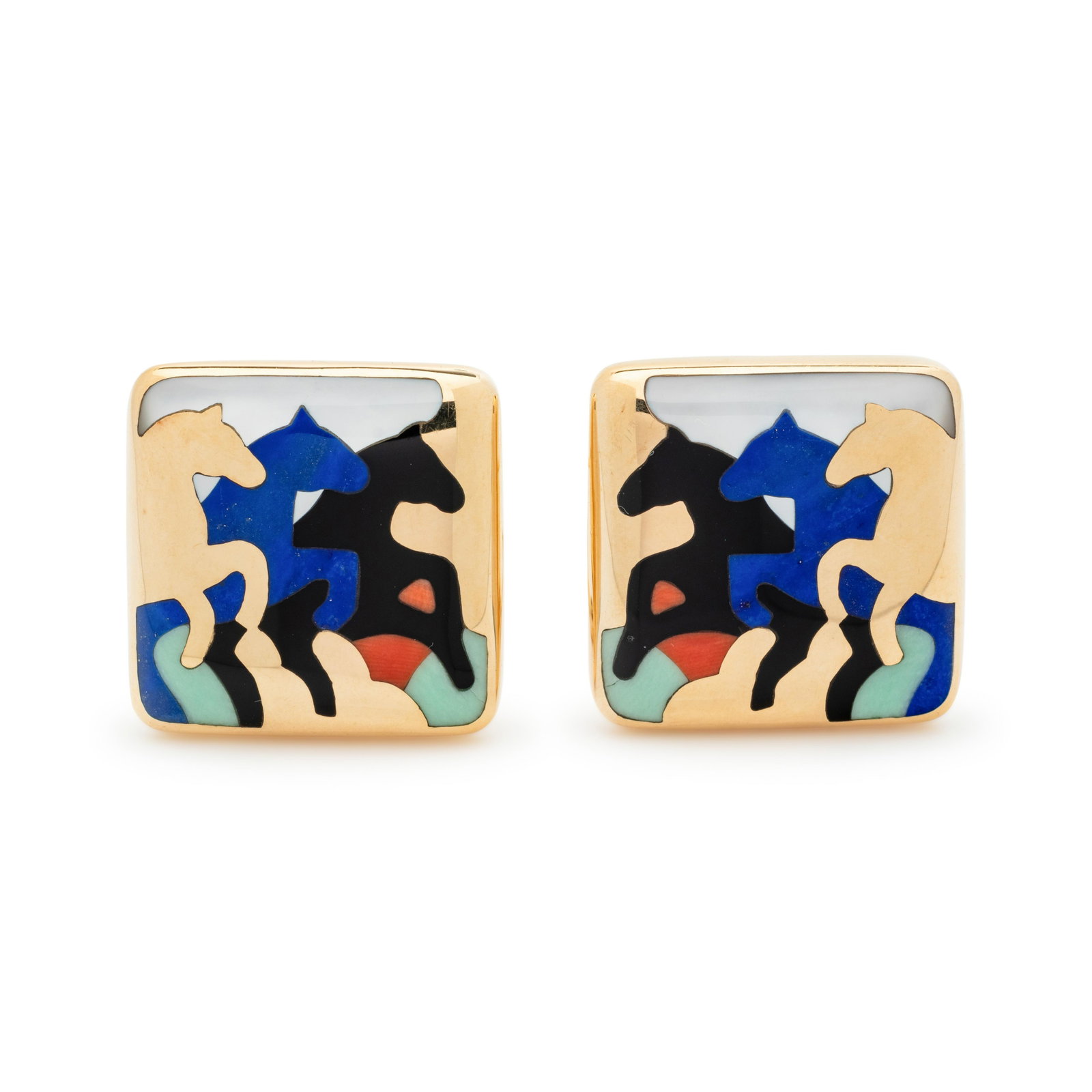 ASCH GROSSBARDT, YELLOW GOLD AND HARDSTONE INLAY : ASCH GROSSBARDT, YELLOW GOLD AND HARDSTONE INLAY EARCLIPS Depicting horses with hardstone inlay, posts with clip backs. Stamp: (maker's mark for Asch Grossbardt) 14K. 16.85 dwt. From The Estate 
