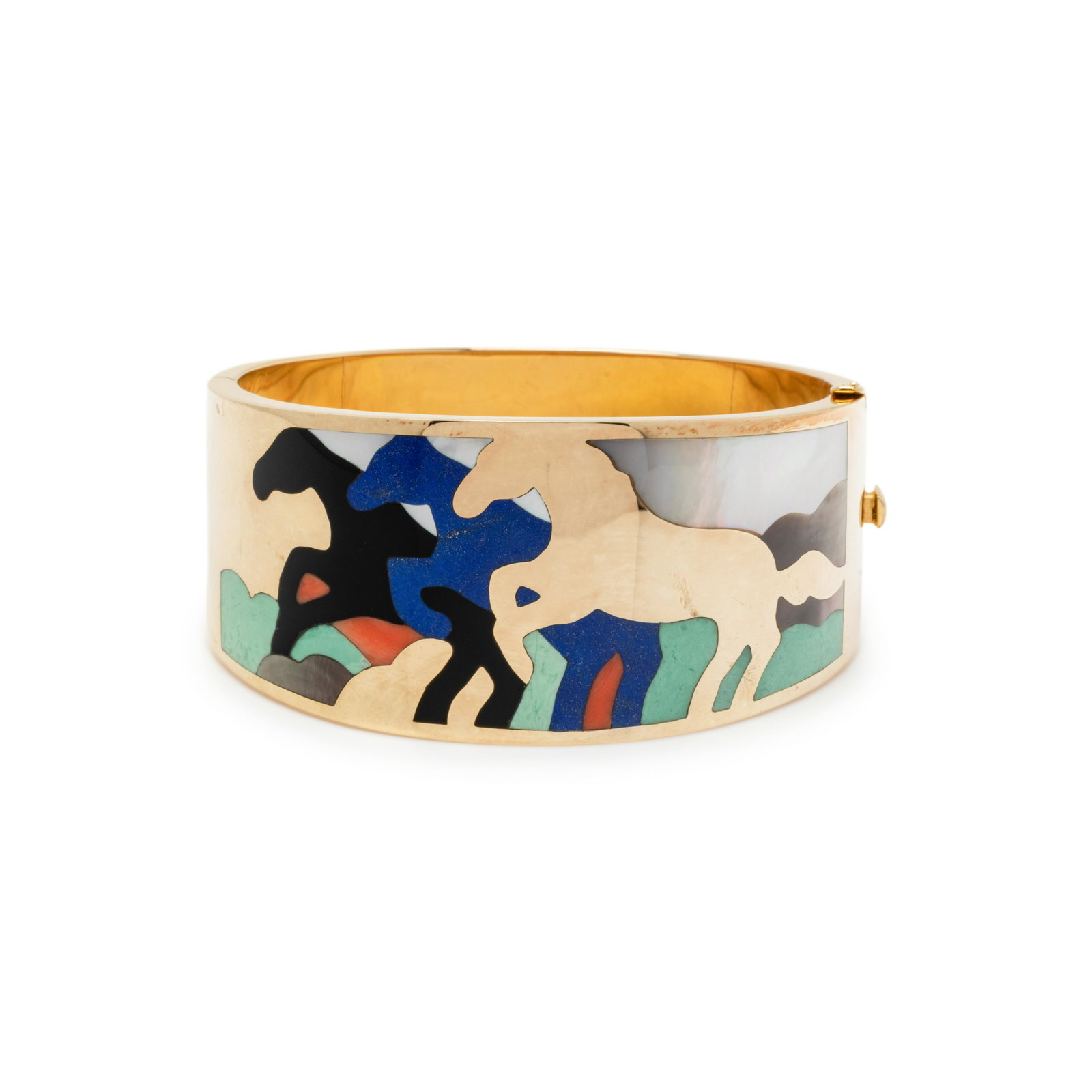 ASCH GROSSBARDT, YELLOW GOLD AND HARDSTONE INLAY BANGLE: ASCH GROSSBARDT, YELLOW GOLD AND HARDSTONE INLAY BANGLE BRACELET Consisting of bracelet depicting three horses with hardstone inlay, hinged with side clasp. Stamp: (maker's mark for Asch Grossbardt) 1