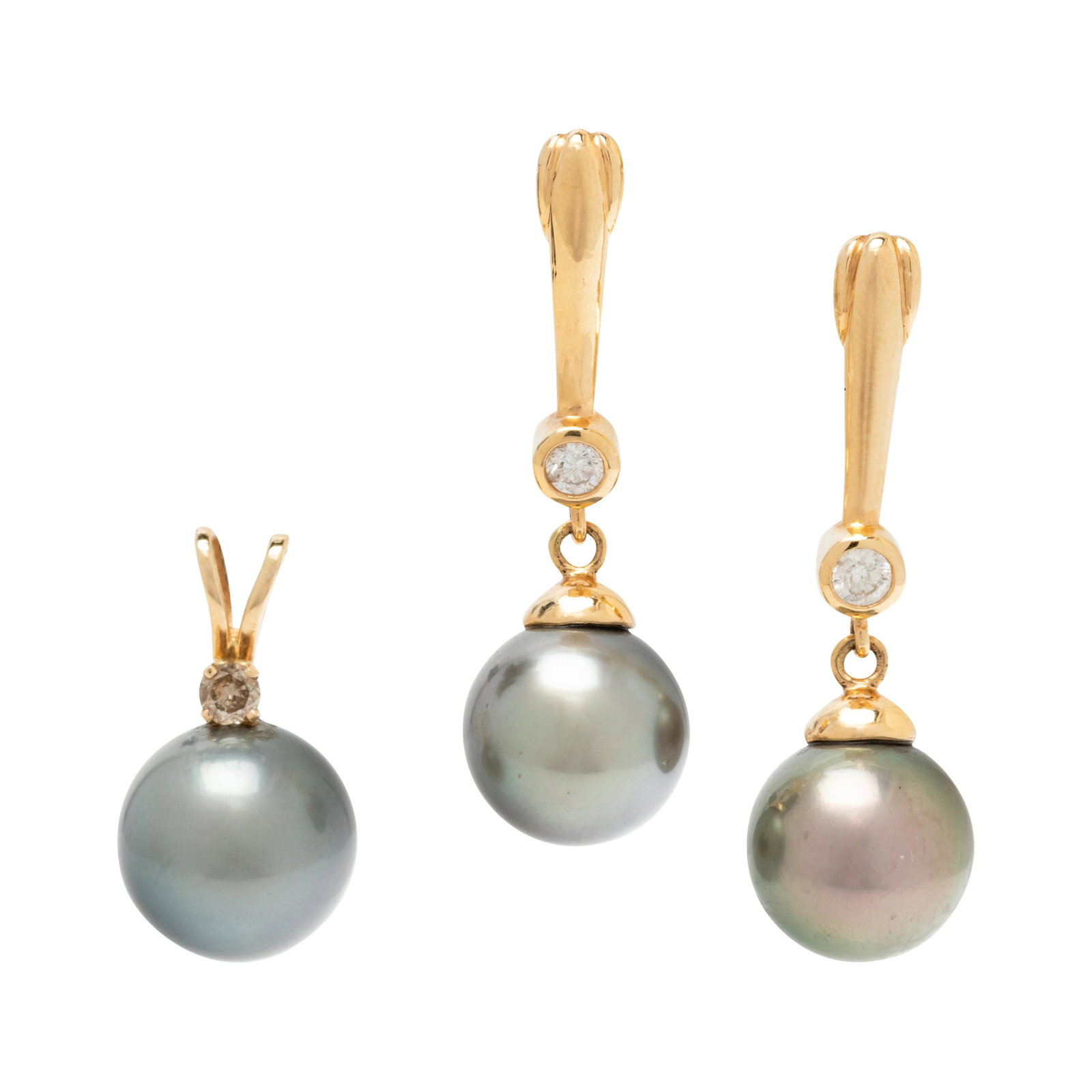 COLLECTION OF CULTURED TAHITIAN PEARL AND DIAMOND: COLLECTION OF CULTURED TAHITIAN PEARL AND DIAMOND JEWELRY Consisting of a pair of earrings containing two Tahitian pearls measuring approximately 10.40 mm in diameter and two round brilliant cut diamo