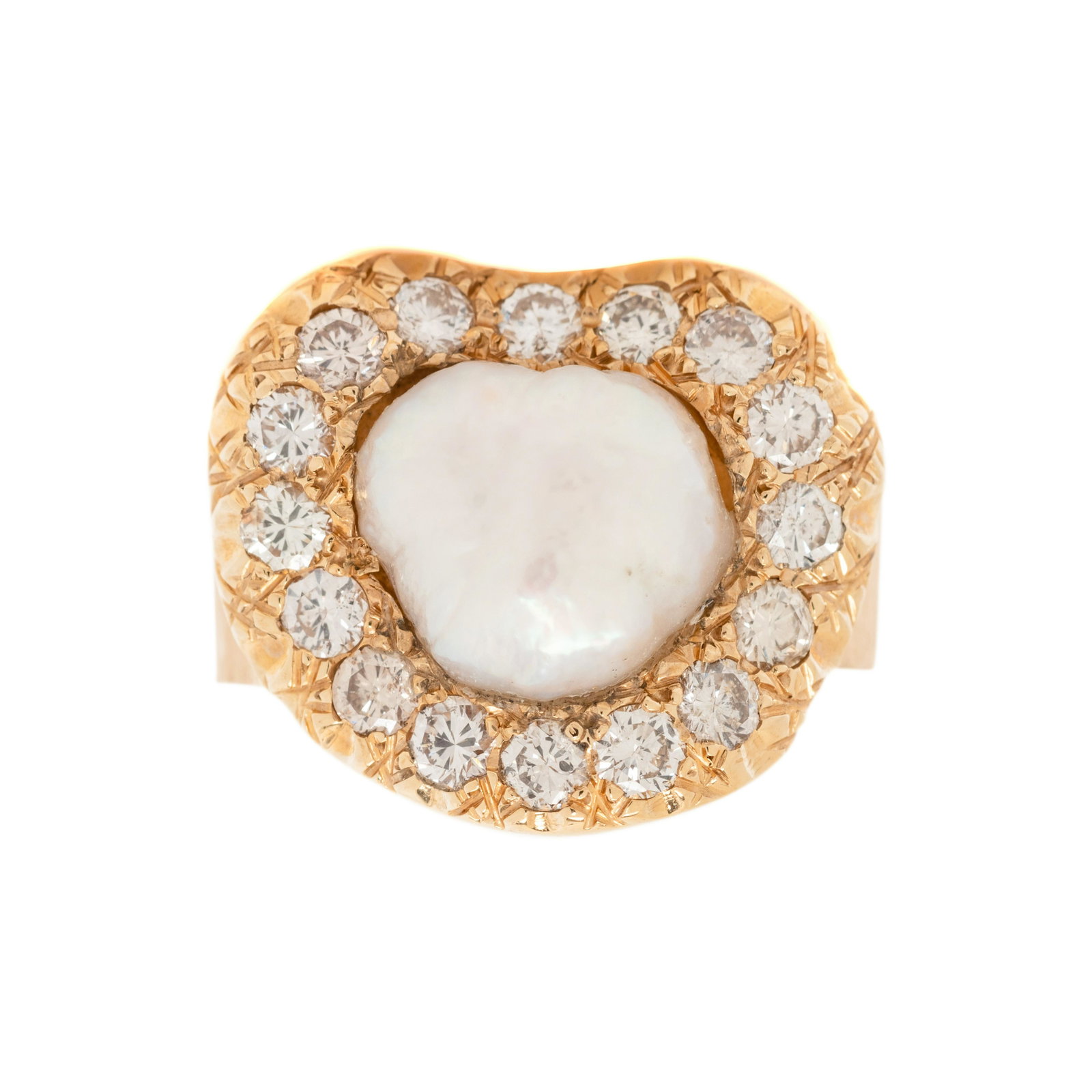 FRESHWATER BAROQUE PEARL AND DIAMOND RING: FRESHWATER BAROQUE PEARL AND DIAMOND RING Containing one freshwater Baroque pearl (origin not tested) measuring approximately 9.60 x 10.65 mm and 16 round brilliant cut diamonds weighing approximately