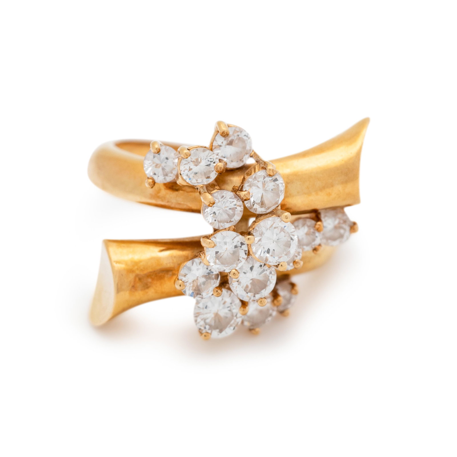 YELLOW GOLD AND DIAMOND RING: YELLOW GOLD AND DIAMOND RING Containing 15 round brilliant cut diamonds weighing approximately 1.20 carats total. 6.65 dwt. From The Estate of Cathy D. Perry, Ocala, Florida