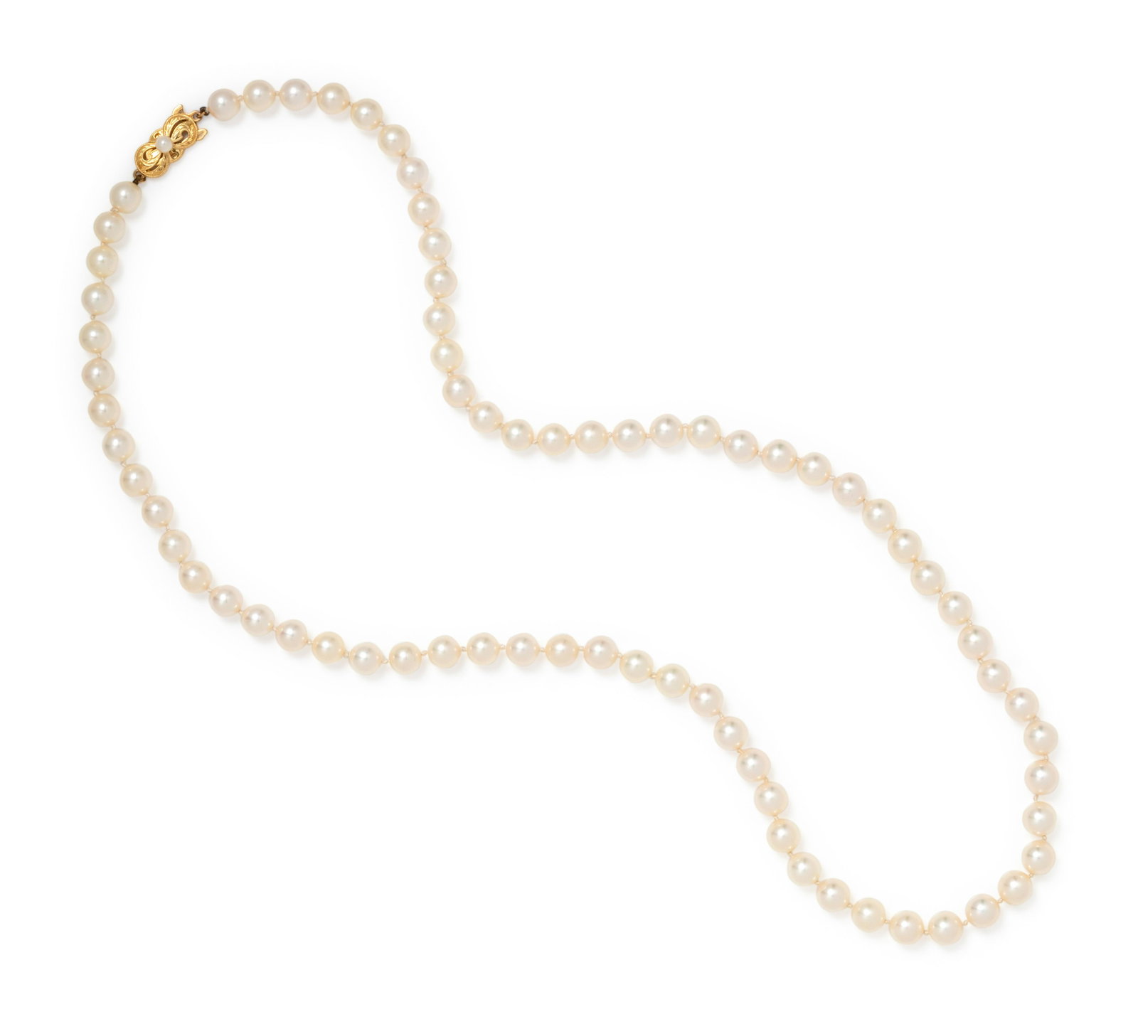 MIKIMOTO, CULTURED PEARL NECKLACE: MIKIMOTO, CULTURED PEARL NECKLACE Containing pearls measuring approximately 6.95-7.05 mm in diameter, strung knotted with a yellow gold clasp surmounted with one pearl. Stamp: (maker's mark for Mikimo