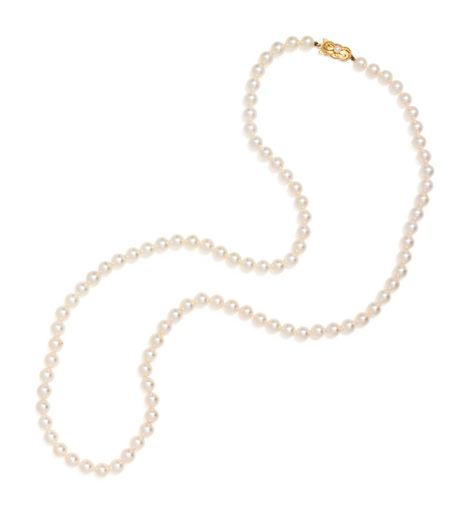 MIKIMOTO, CULTURED PEARL NECKLACE: MIKIMOTO, CULTURED PEARL NECKLACE Containing pearls measuring approximately 7.25-7.85 mm in diameter, strung knotted with a yellow gold clasp surmounted with one pearl. Stamp: (maker's mark for Mikimo