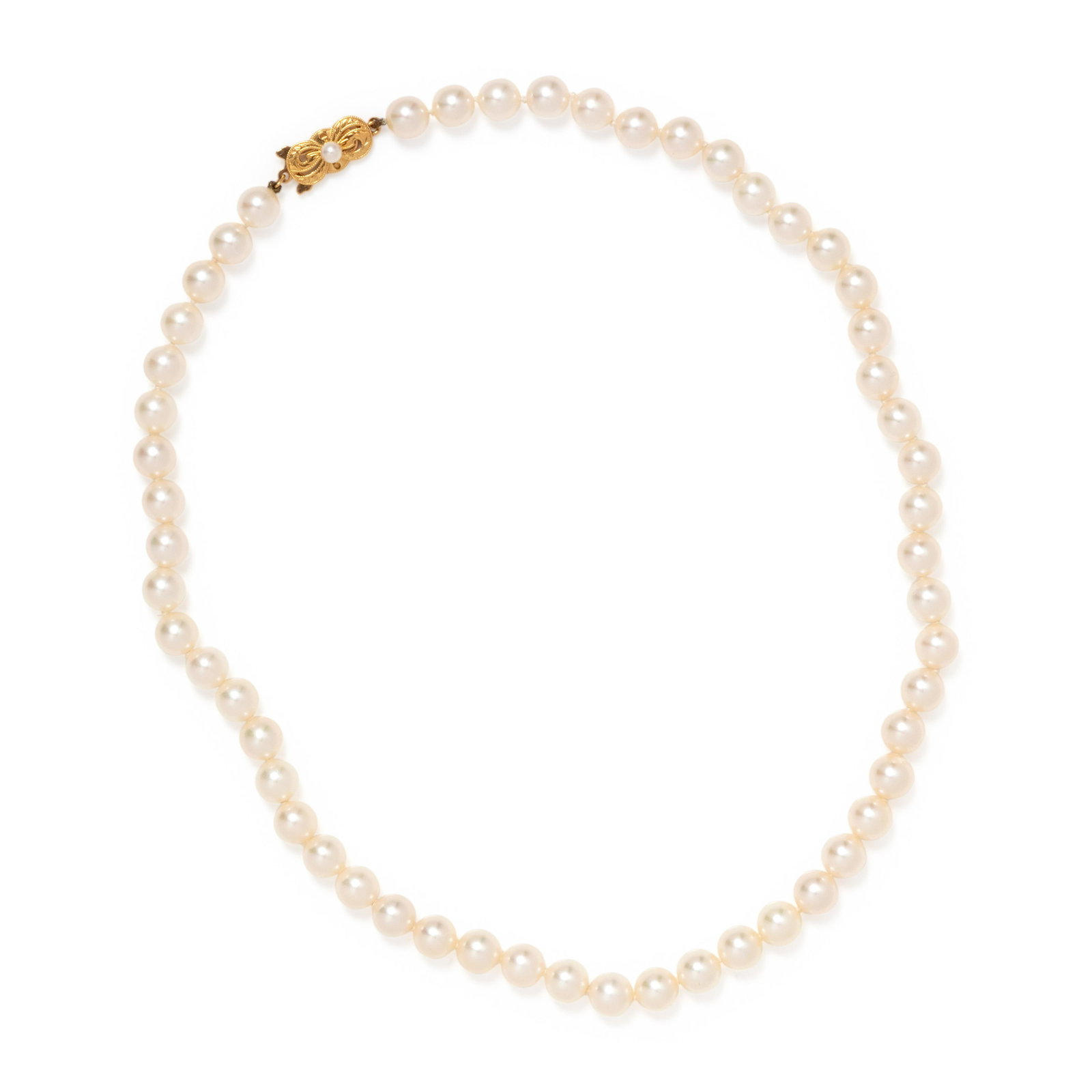 MIKIMOTO, CULTURED PEARL NECKLACE: MIKIMOTO, CULTURED PEARL NECKLACE Containing pearls measuring approximately 7.45-7.60 mm in diameter, strung knotted with a yellow gold clasp surmounted with one pearl. Stamp: (maker's mark for Mikimo