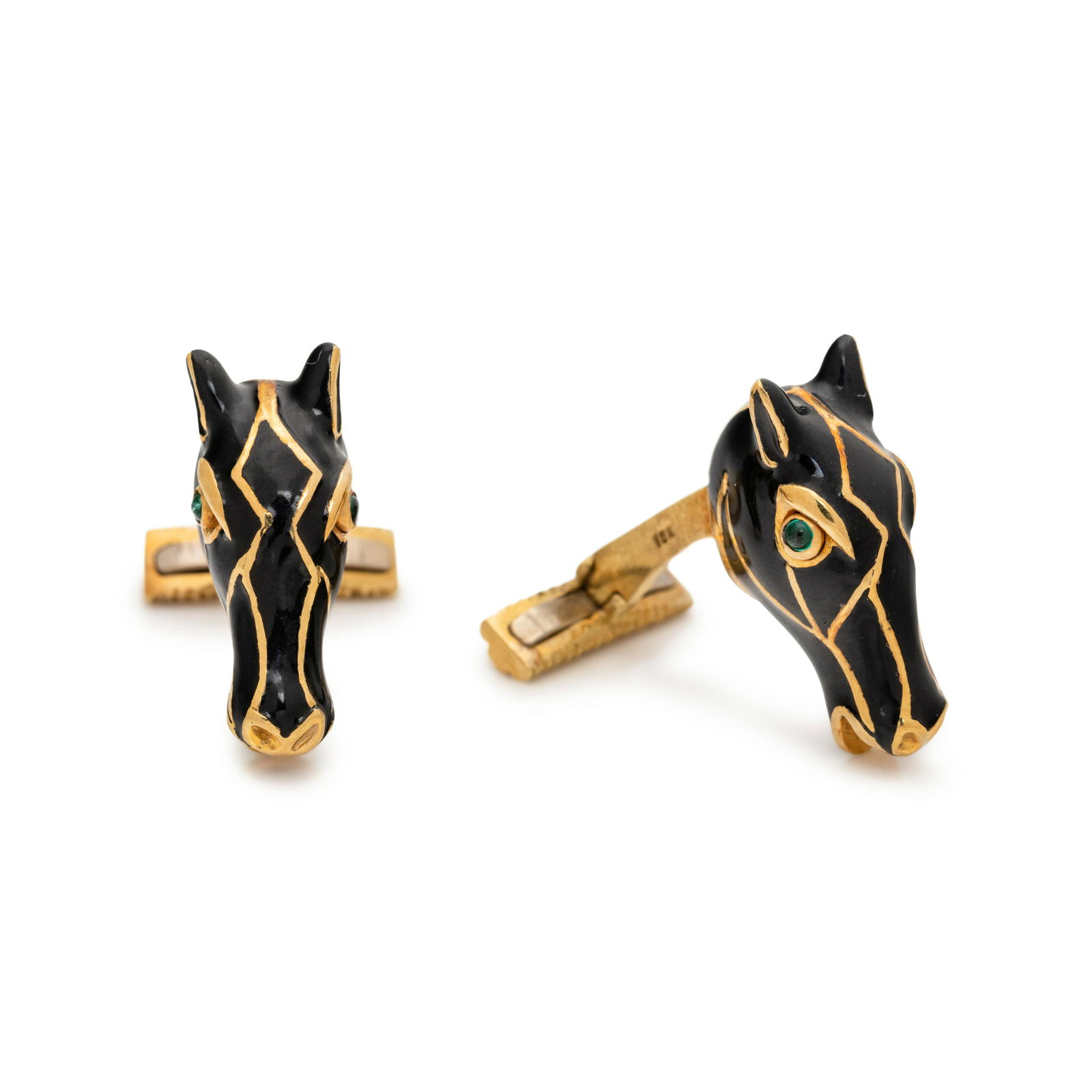 DAVID WEBB, YELLOW GOLD AND ENAMEL HORSE CUFFLINKS: DAVID WEBB, YELLOW GOLD AND ENAMEL HORSE CUFFLINKS Consisting of horse heads with black enamel and four round cabochon emerald eyes. Stamp: WEBB R 18K. 17.55 dwt.