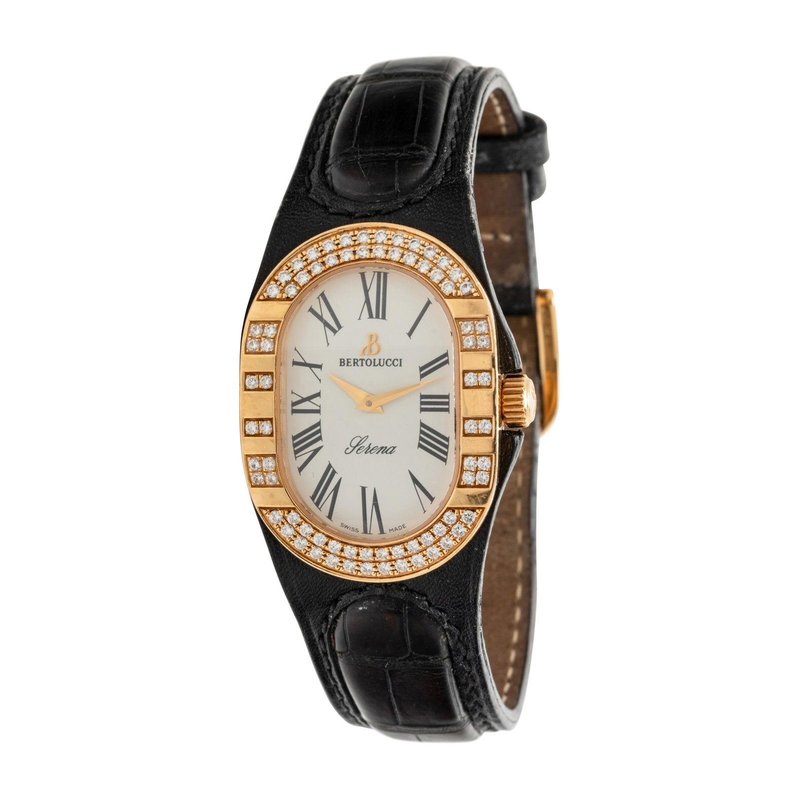 BERTOLUCCI, 18K YELLOW GOLD AND DIAMOND 'SERENA': BERTOLUCCI, 18K YELLOW GOLD AND DIAMOND 'SERENA' WRISTWATCH 34.00 x 25.00 mm case dimensions with curved profile, the bezel containing 76 round brilliant cut diamonds, off white dial, black Roman nume