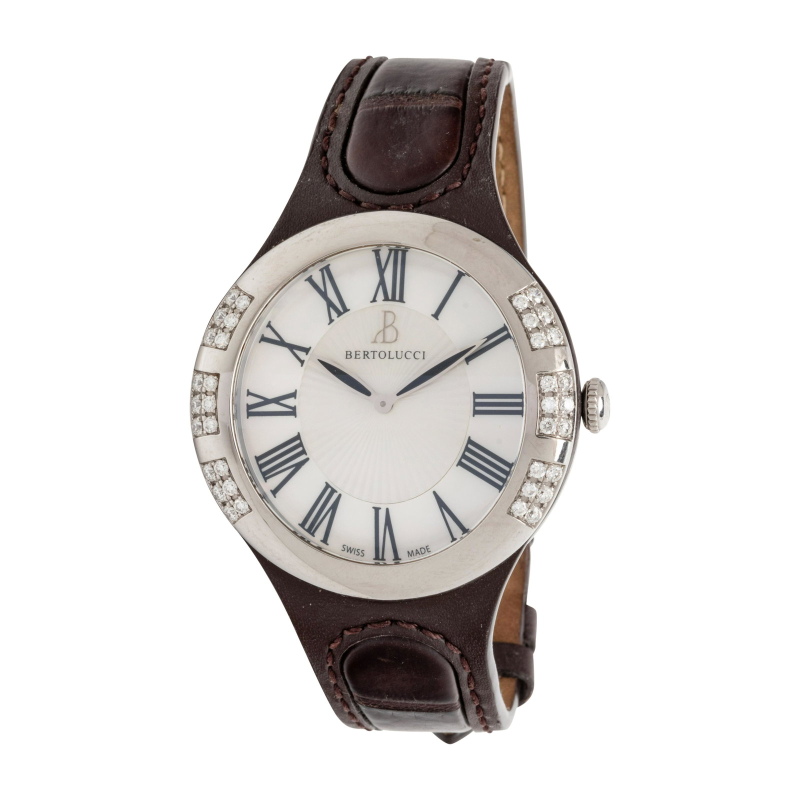 BERTOLUCCI, STAINLESS STEEL AND DIAMOND 'SERENA GARBO': BERTOLUCCI, STAINLESS STEEL AND DIAMOND 'SERENA GARBO' WRISTWATCH 36.00 mm case diameter with curved profile, the bezel containing 36 round brilliant cut diamonds, mother-of-pearl dial, black Roman nu