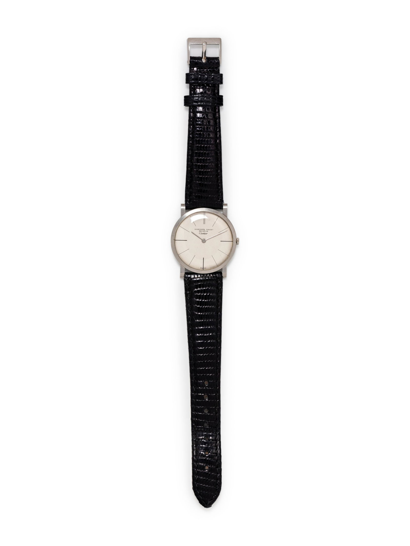 AUDEMARS PIGUET FOR CARTIER, PLATINUM WRISTWATCH: AUDEMARS PIGUET FOR CARTIER, PLATINUM WRISTWATCH 31.00 mm case diameter, matte silvered dial, black baton numerals, 18 jewel manual wind movement adjusted to temperature and four positions, black leat