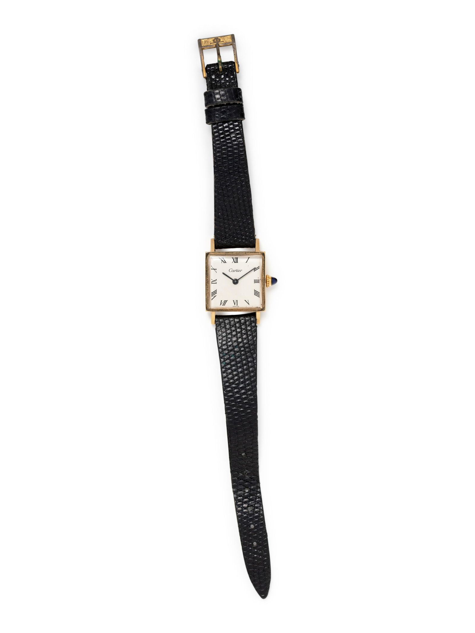CARTIER, 14K YELLOW GOLD WRISTWATCH: CARTIER, 14K YELLOW GOLD WRISTWATCH 20.00 x 20.00 mm case dimensions, off white dial, black Roman numerals, 17 jewel manual wind movement, black leather strap, tang buckle. Inner case back stamp: CONC