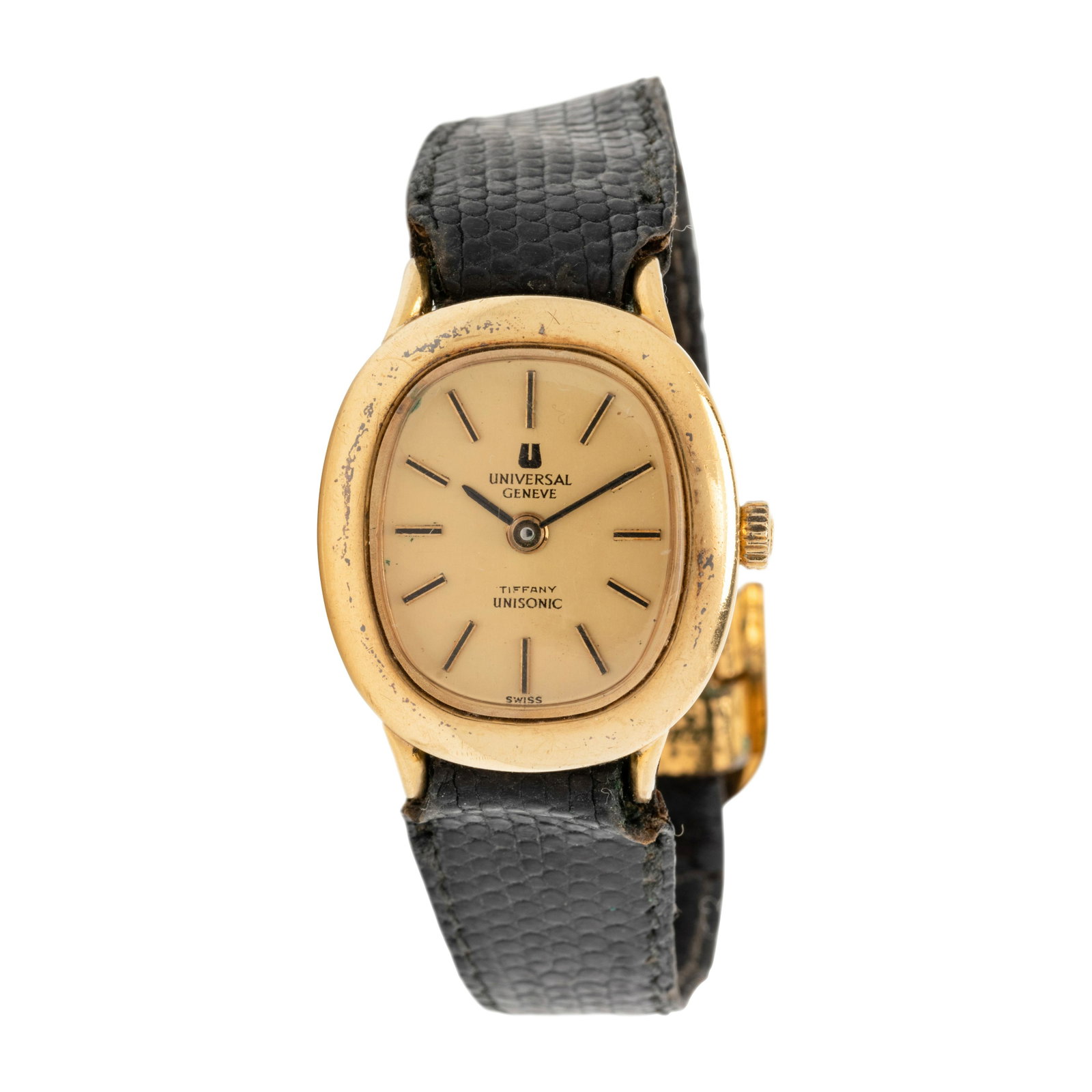 UNIVERSAL GENEVE FOR TIFFANY & CO., 18K YELLOW GOLD: UNIVERSAL GENEVE FOR TIFFANY & CO., 18K YELLOW GOLD 'UNISONIC' WRISTWATCH 23.00 x 26.00 mm case dimensions, matte gold dial, black and gold baton numerals, 13 jewel quartz movement signed UNIVERSAL GE
