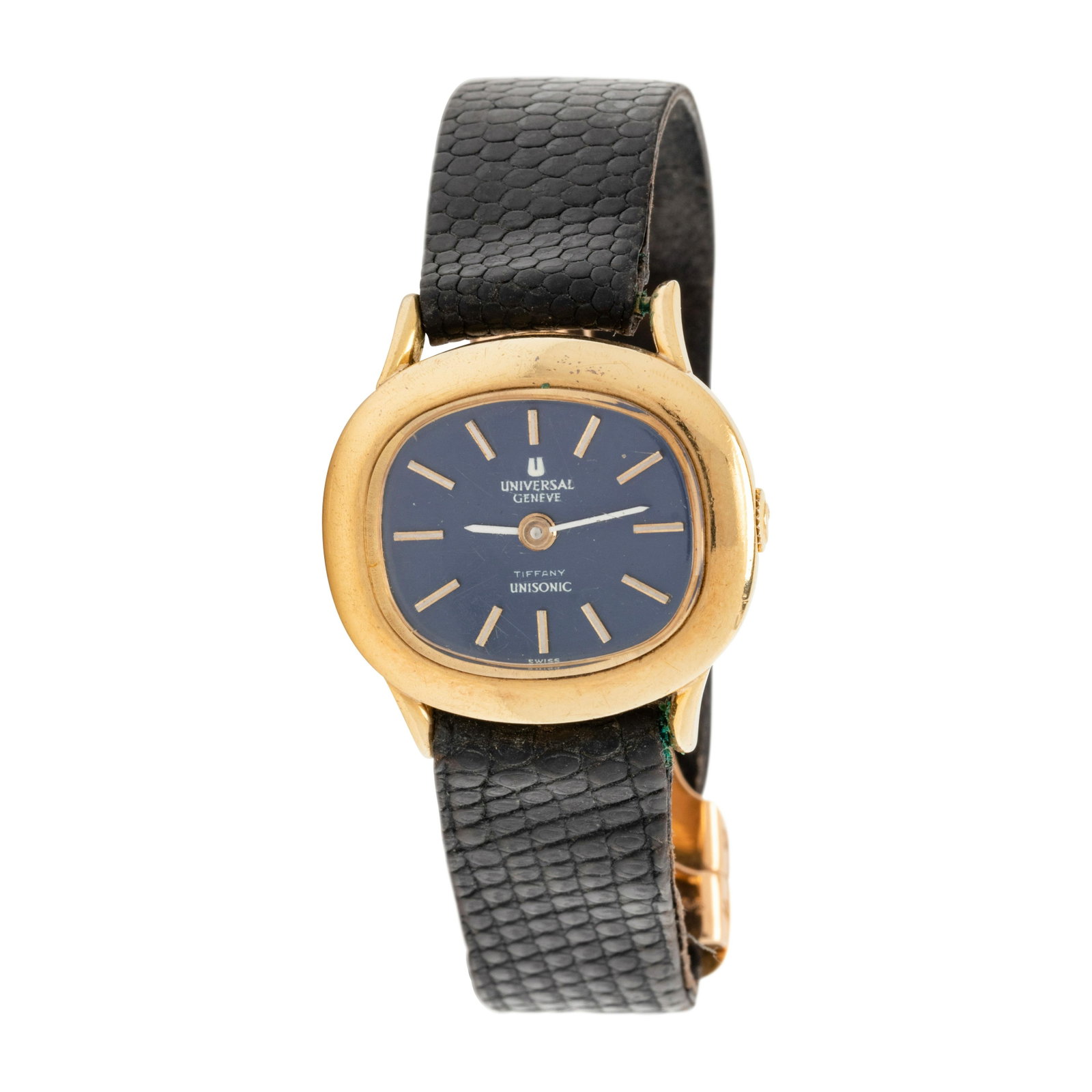 UNIVERSAL GENEVE FOR TIFFANY & CO., 18K YELLOW GOLD: UNIVERSAL GENEVE FOR TIFFANY & CO., 18K YELLOW GOLD 'UNISONIC' WRISTWATCH 26.00 x 23.00 mm case dimensions, blue dial, gold baton numerals, 13 jewel quartz movement signed UNIVERSAL GENEVE, black leat