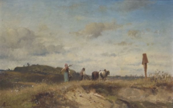 Adolf Lier, (German, 1826-1882), Landscape with Figures: Adolf Lier (German, 1826-1882) Landscape with Figures and Cow oil on canvas laid to board signed (lower left) 7 x 10 3/4 inches.