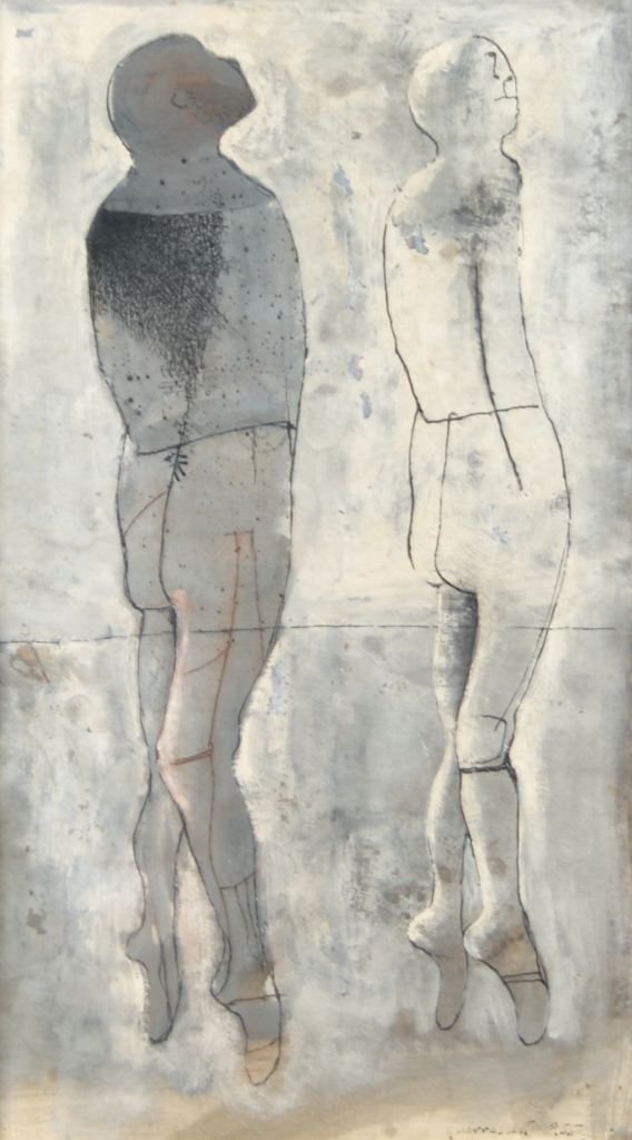 Giuseppe Guerreschi, (Italian, 1929-1985), Two Figures: Giuseppe Guerreschi (Italian, 1929-1985) Two Figures pen and gouache signed and dated 55 (lower right) 14 1/4 x 8 1/4 inches.