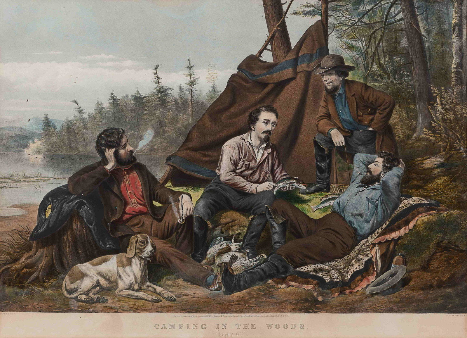 CURRIER and IVES, publishers : CURRIER and IVES, publishers Louis Maurer, after. Camping Out: ["Some of the Right Sort"]. 1856. (G.0867). Trimmed with loss of portion of caption, surface abrasions affecting the c