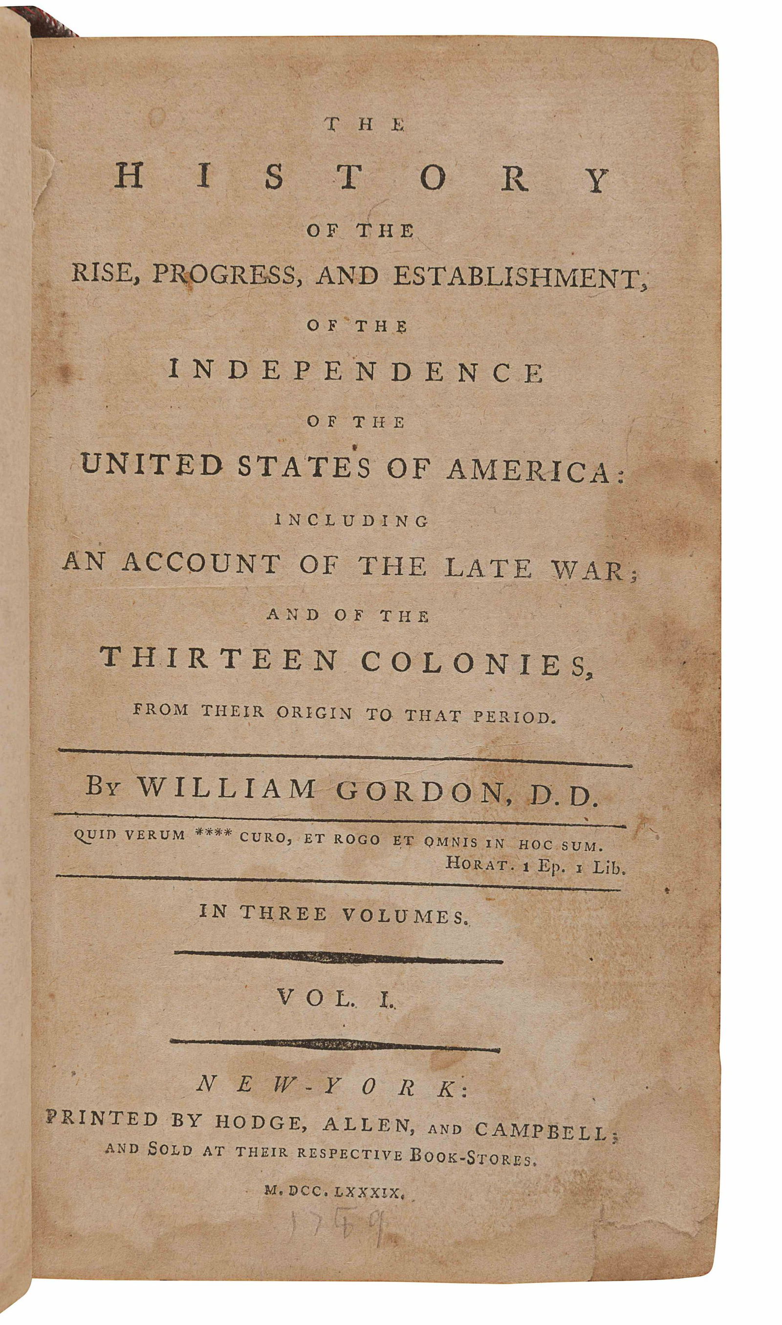 GORDON, William (1728-1807). The History of the Rise, (1 of 1)