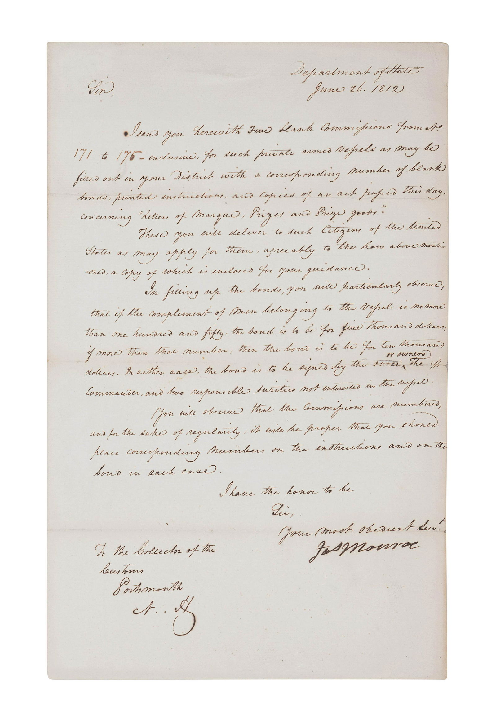 MONROE, James. Letter signed as Secretary of State ( (1 of 1)