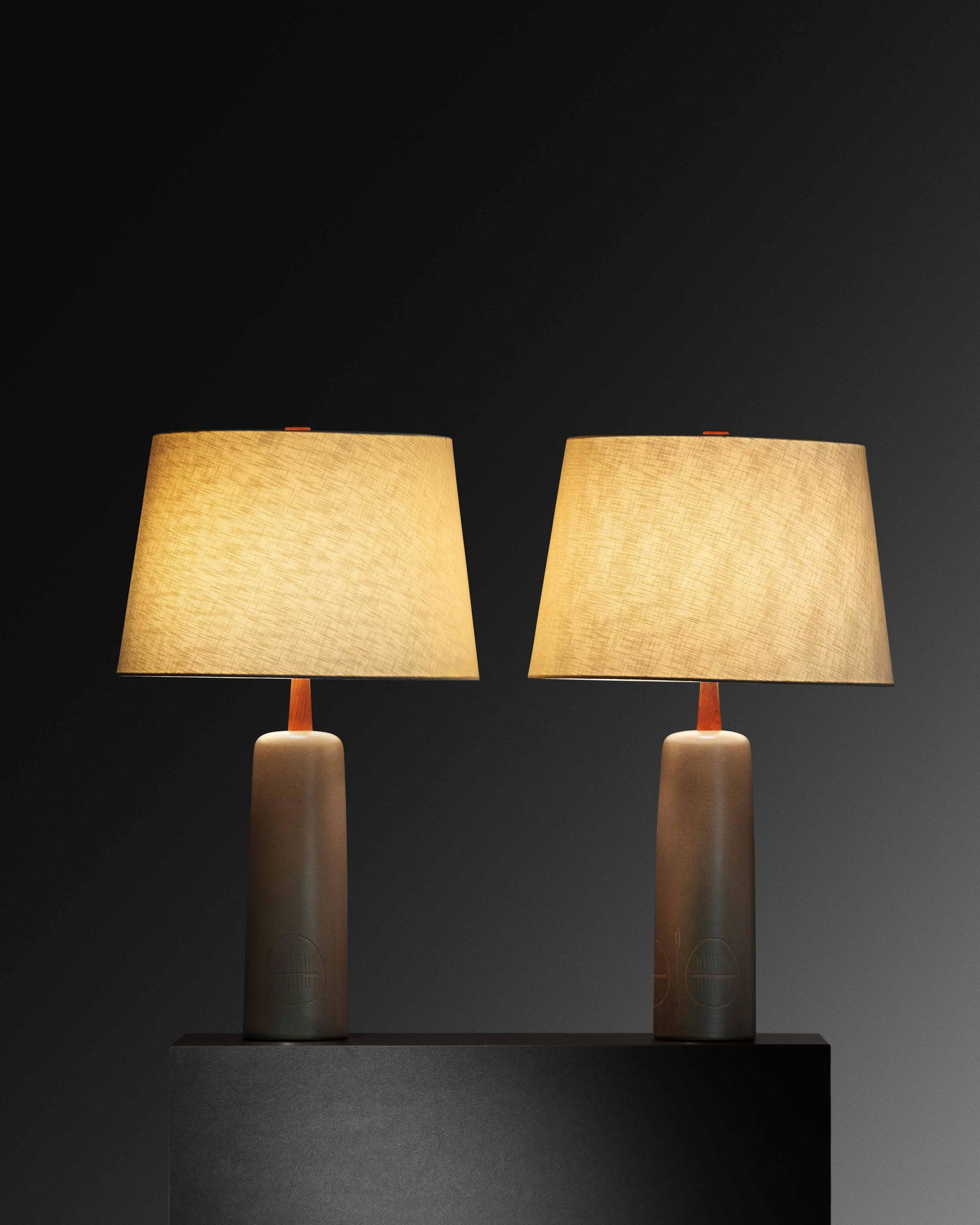 Gordon and Jane Martz (American, 1924-2015 | American,: Gordon and Jane Martz (American, 1924-2015 | American, 1929-2007) Pair of Table Lamps, Marshall Studios, USA glazed stoneware, walnut, linen signed 'Martz' to lower edge of both examples H 28 1/2