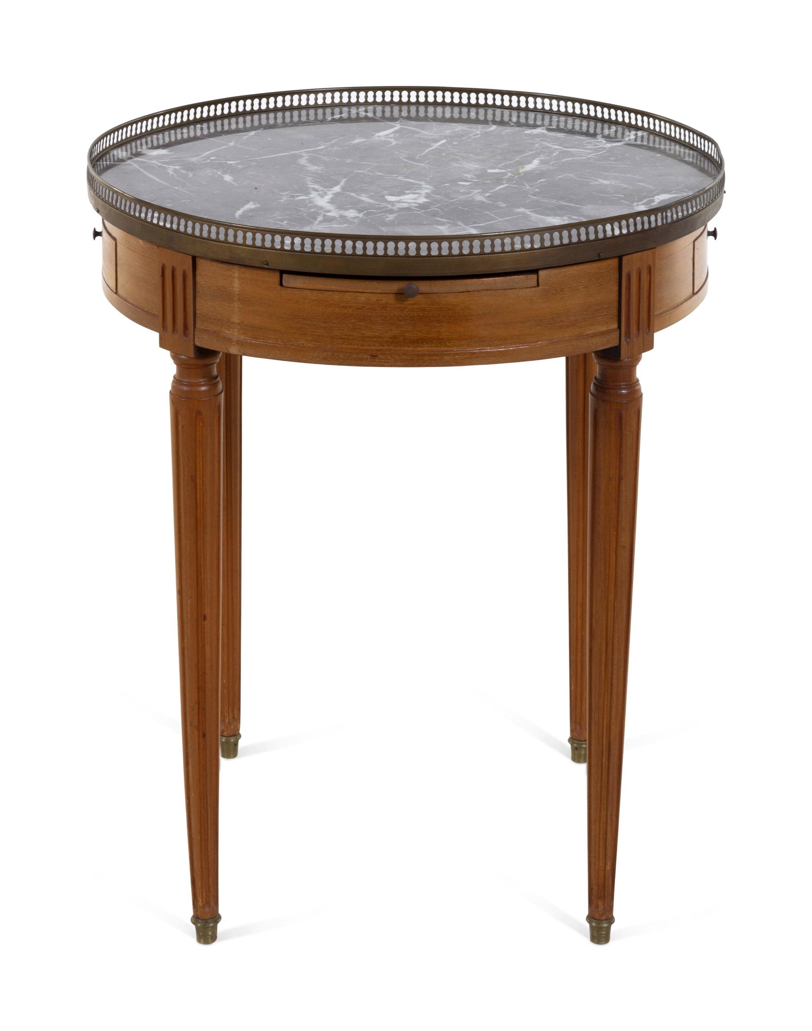 A Louis XVI Style Brass Mounted Fruitwood Marble Top: A Louis XVI Style Brass Mounted Fruitwood Marble Top Bouillotte Table 20th Century Height 29 x diameter 25 1/2 inches. Property from the Estate of Dorothy Manewal Stephens, St. Louis, Missouri