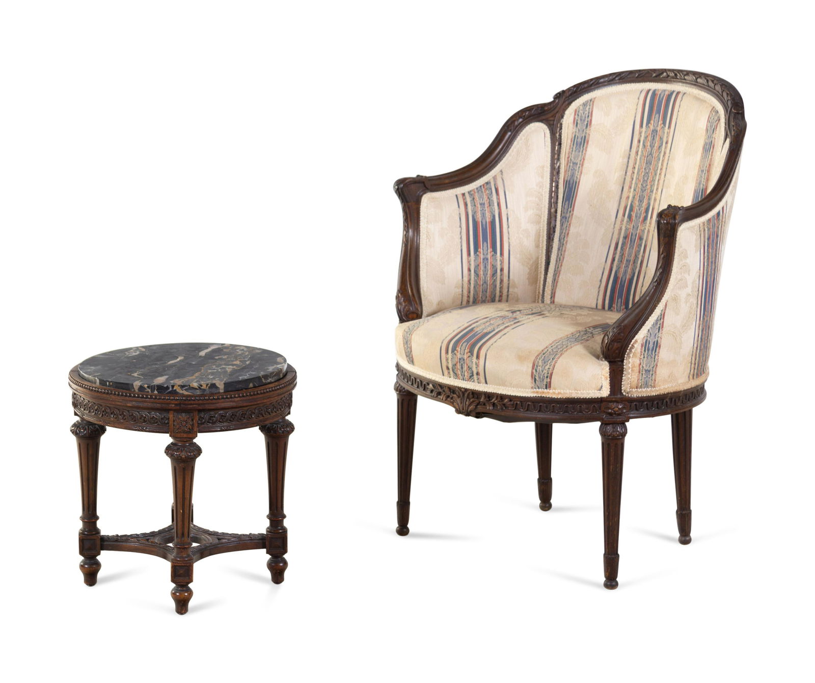 A Louis XVI Style Carved Walnut Bergere and Side Table (1 of 2)