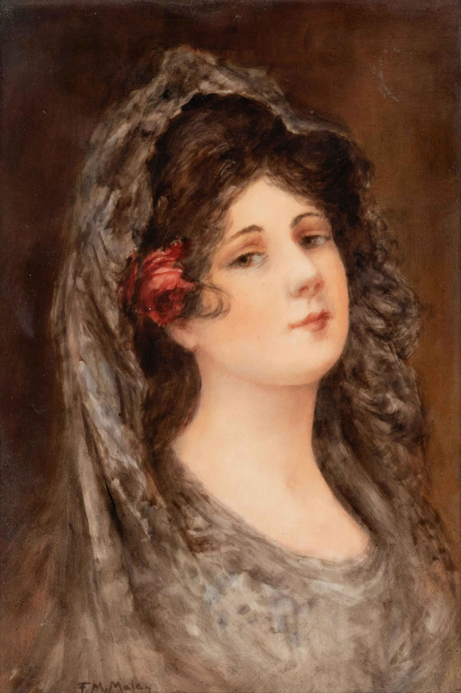 A German Painted Porcelain Plaque of a Shawled Beauty (1 of 3)