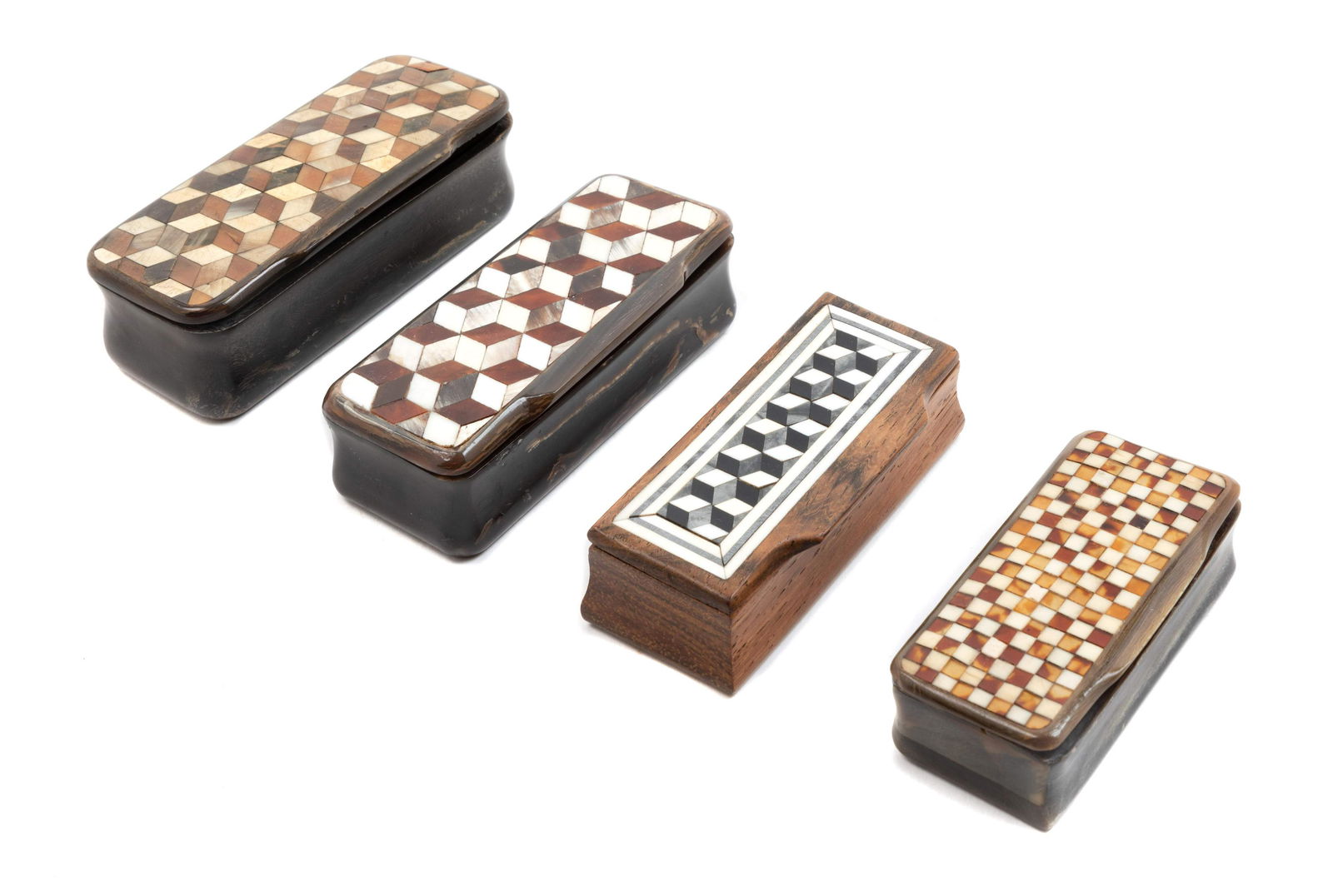 A Group of Three Carved Horn and Parquetry Snuff Boxes (1 of 1)