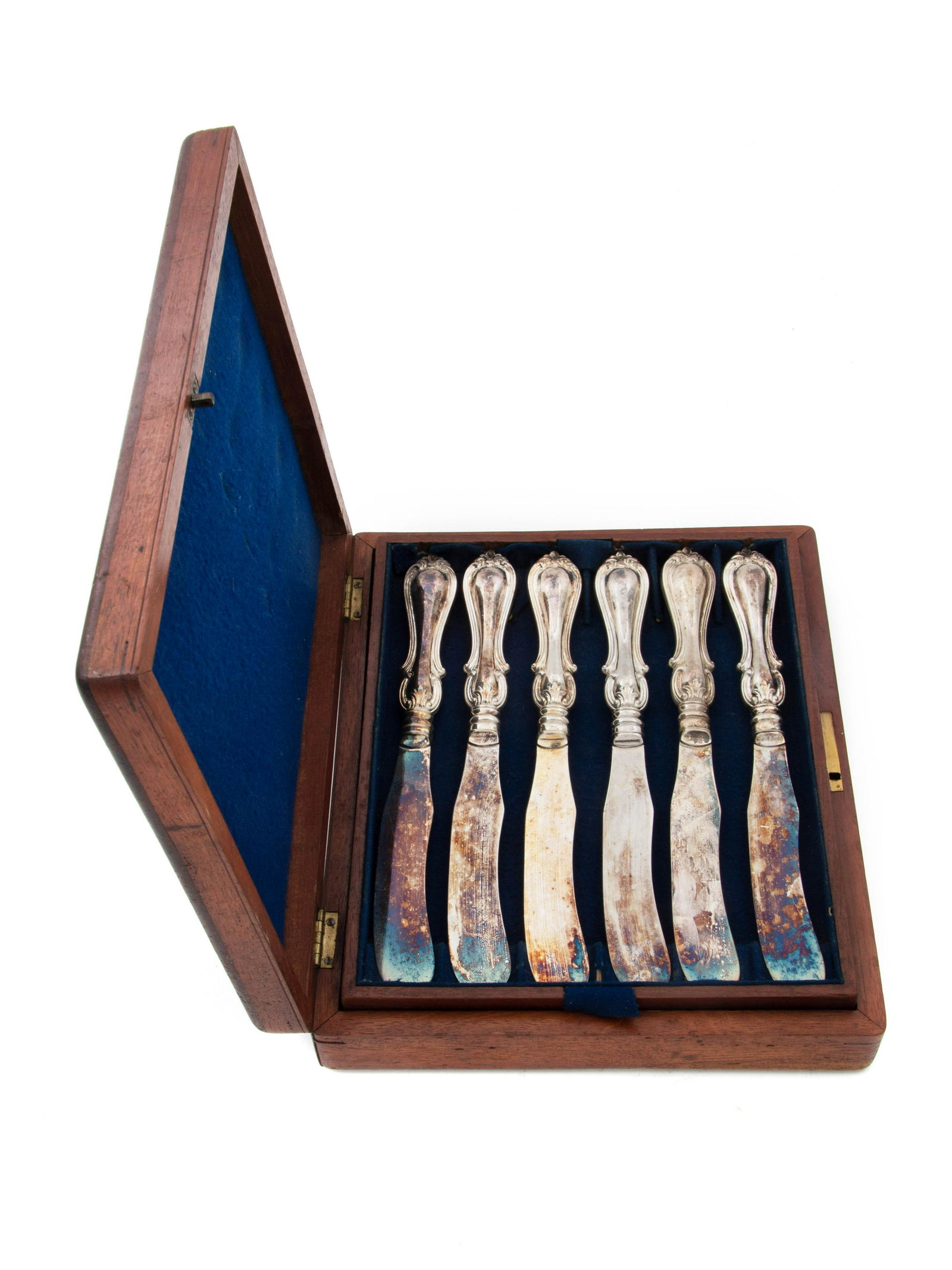 An English Cased Set of Silver-Plate Knives: An English Cased Set of Silver-Plate Knives 19TH/20TH CENTURY twelve total. Length 9 inches. Property from the Estate of Jacqueline Macomber, Fox Point, Wisconsin