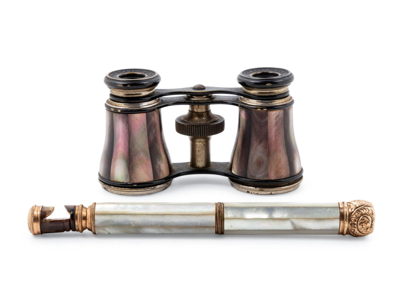 A Pair of French Mother-of-Pearl Veneered Opera Glasses: A Pair of French Mother-of-Pearl Veneered Opera Glasses 19th Century Signed Lemaire Fabt., Paris
