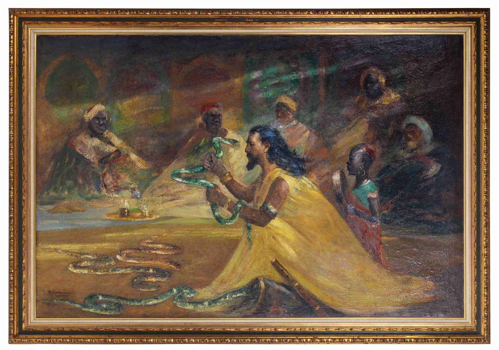 Artist Unknown, 20th Century: Artist Unknown, 20th Century Snake Charmer oil on canvas signed illegibly (lower left) 48 x 72 inches. Property from the Collection of James Flynn and Bill Wiley, Chicago, Illinois
