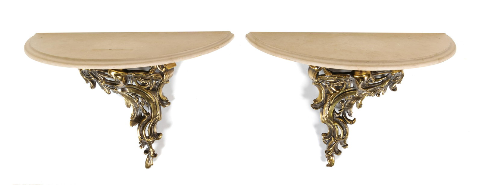 Two Louis XVI Gilt Metal Chenets: Two Louis XVI Gilt Metal Chenets 20th Century inverted and set with marble tops as console tables. Height 16 x width of top 24 inches.