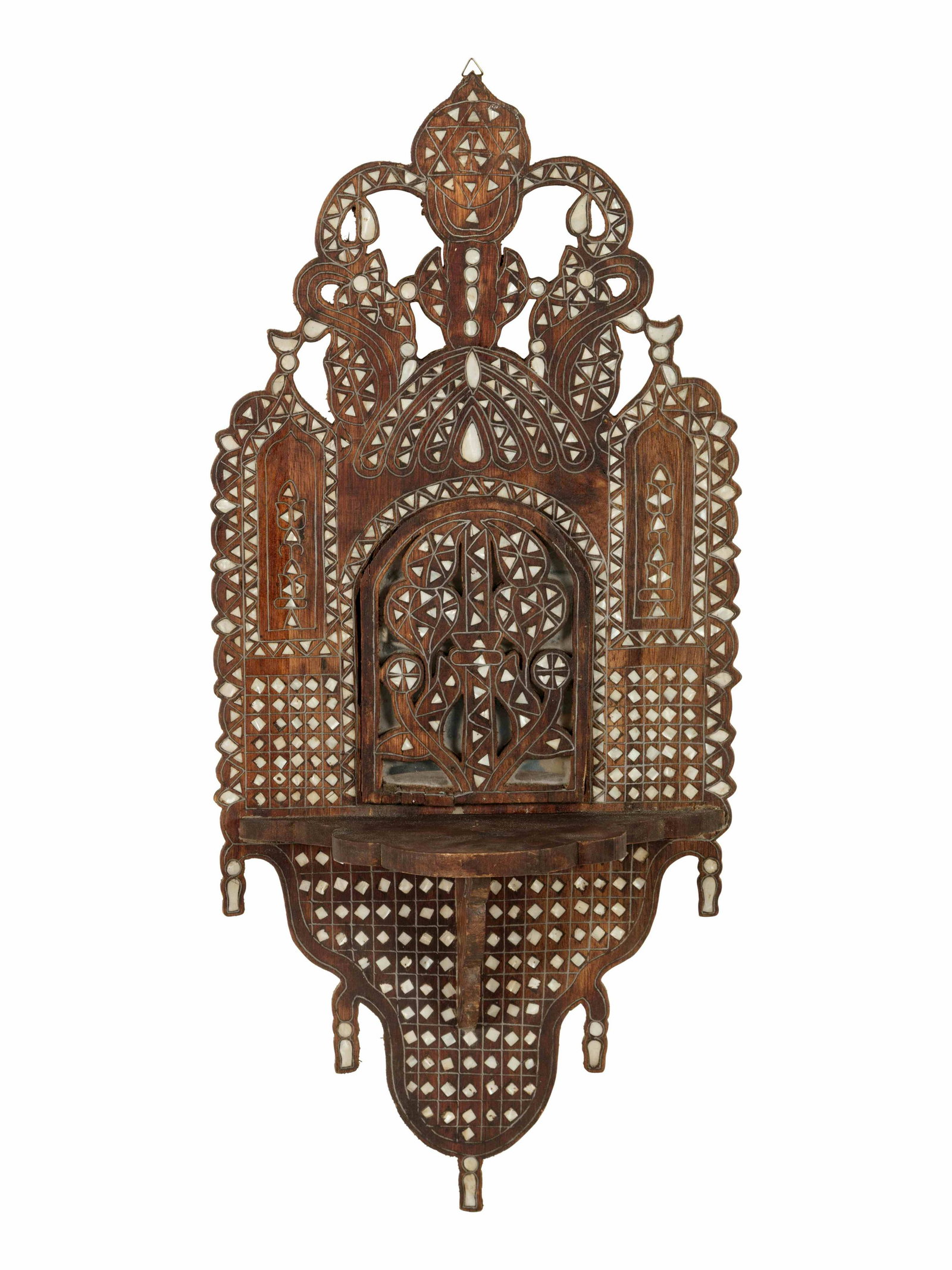 A Syrian Mother-of-Pearl and Pewter Inlaid Lantern: A Syrian Mother-of-Pearl and Pewter Inlaid Lantern Shelf Early 20th Century Height 38 x width 16 inches. Property sold to benefit Karam Foundation, providing education, aid and sustainable development