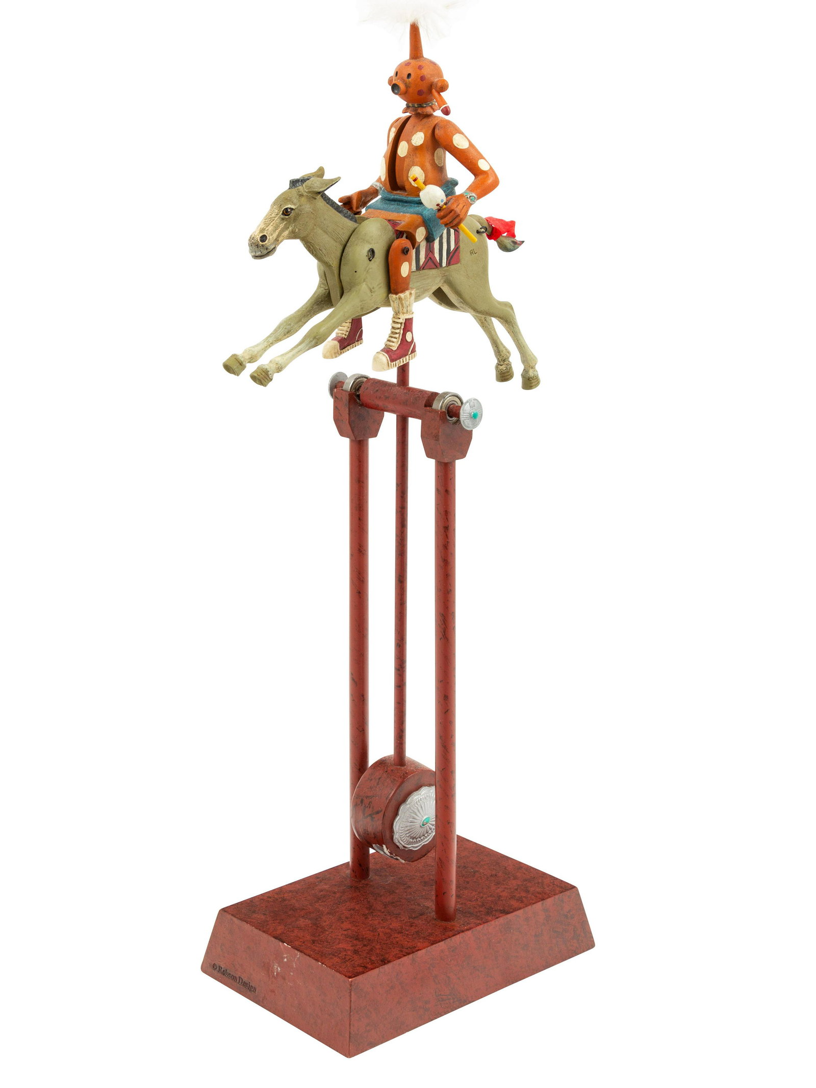 A Robson Design American Southwestern Kinetic Sculpture: A Robson Design American Southwestern Kinetic Sculpture 20th/21st Century modeled as a figure on a horse. Height overall 24 1/2 inches. Property from the Estate of Billie Ross, Chicago, Illinois