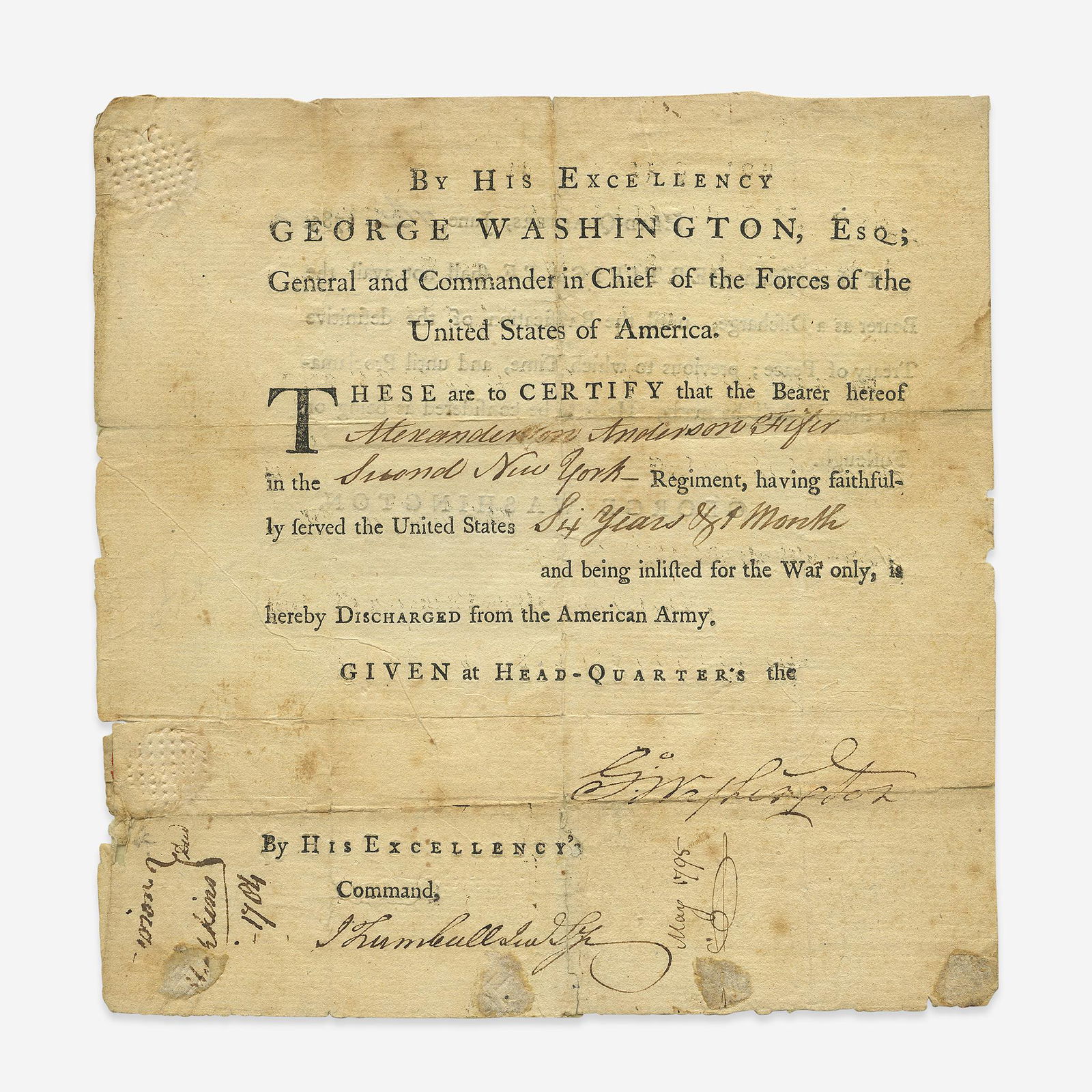 George Washington (1789-97), Signed Military Discharge (1 of 2)