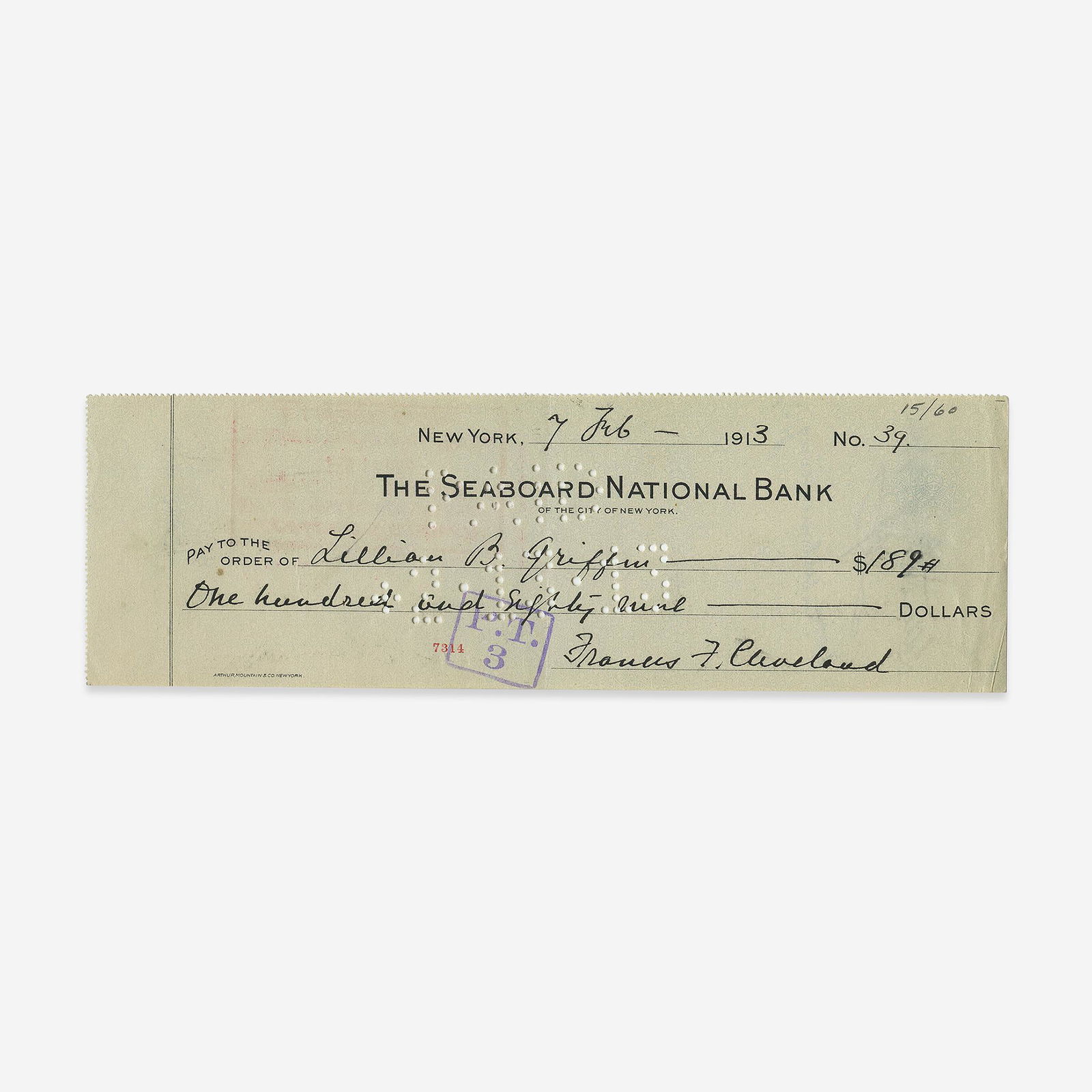 Frances F. Cleveland (1886-89, 1893-97), Signed Check (1 of 1)